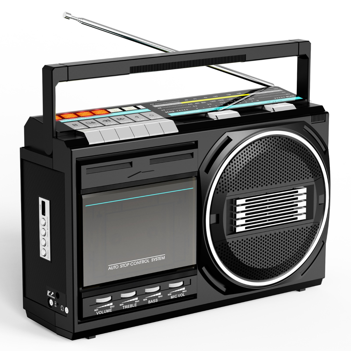 Schwarze Boombox mit Knöpfen, einem Lautsprecher und einem Griff. Antenne ist ausgefahren.