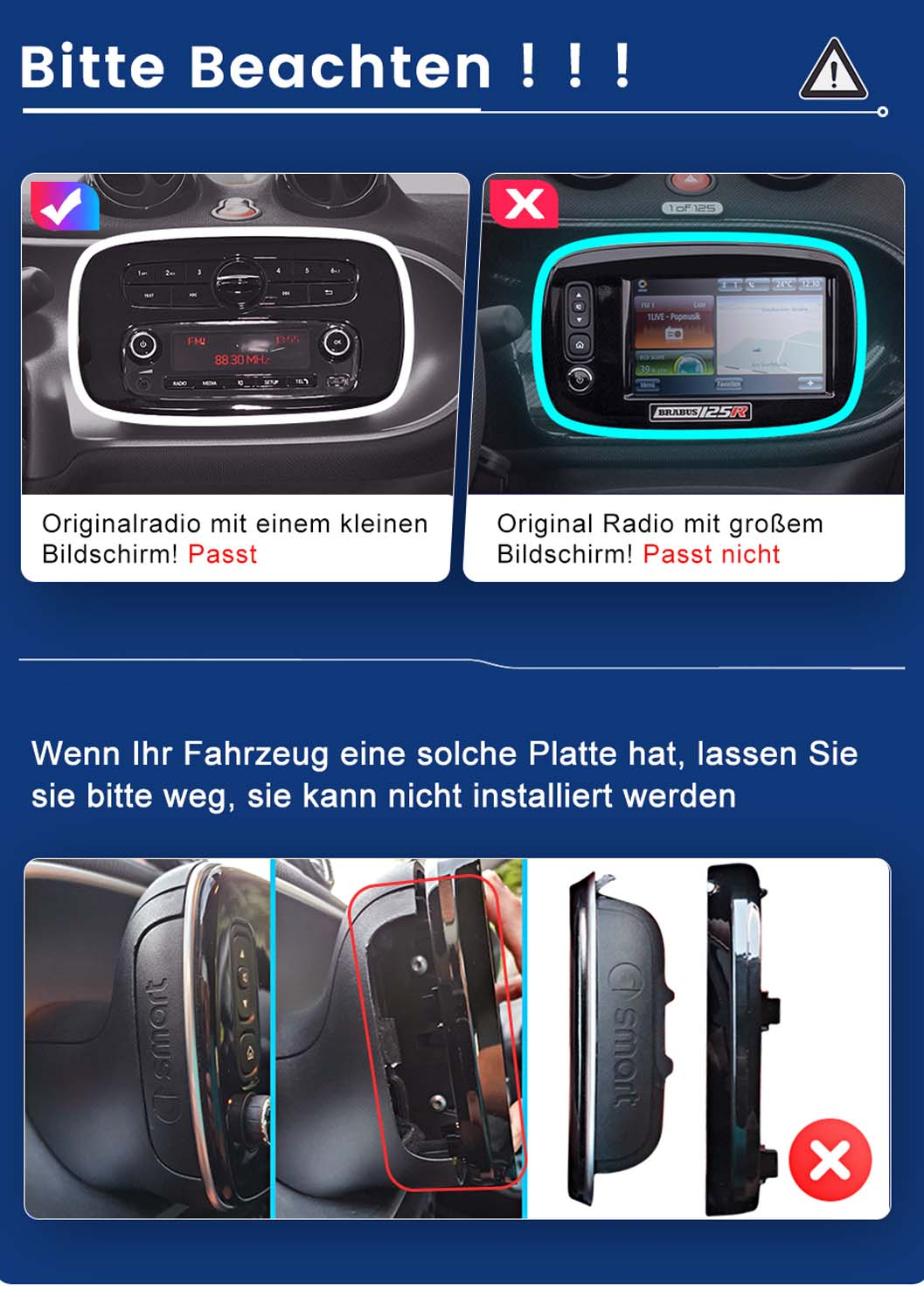 Bilder vergleichen Autoradio-Optionen. Eines passt, das andere nicht. Text auf Deutsch.