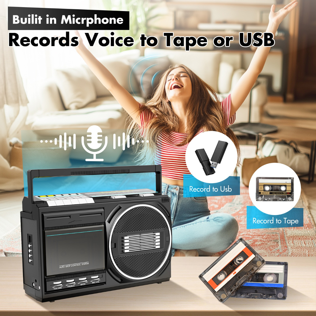 Eine Frau nimmt mit einem Retro-Rekorder eine Kassette auf. USB und Kassette sind gezeigt.