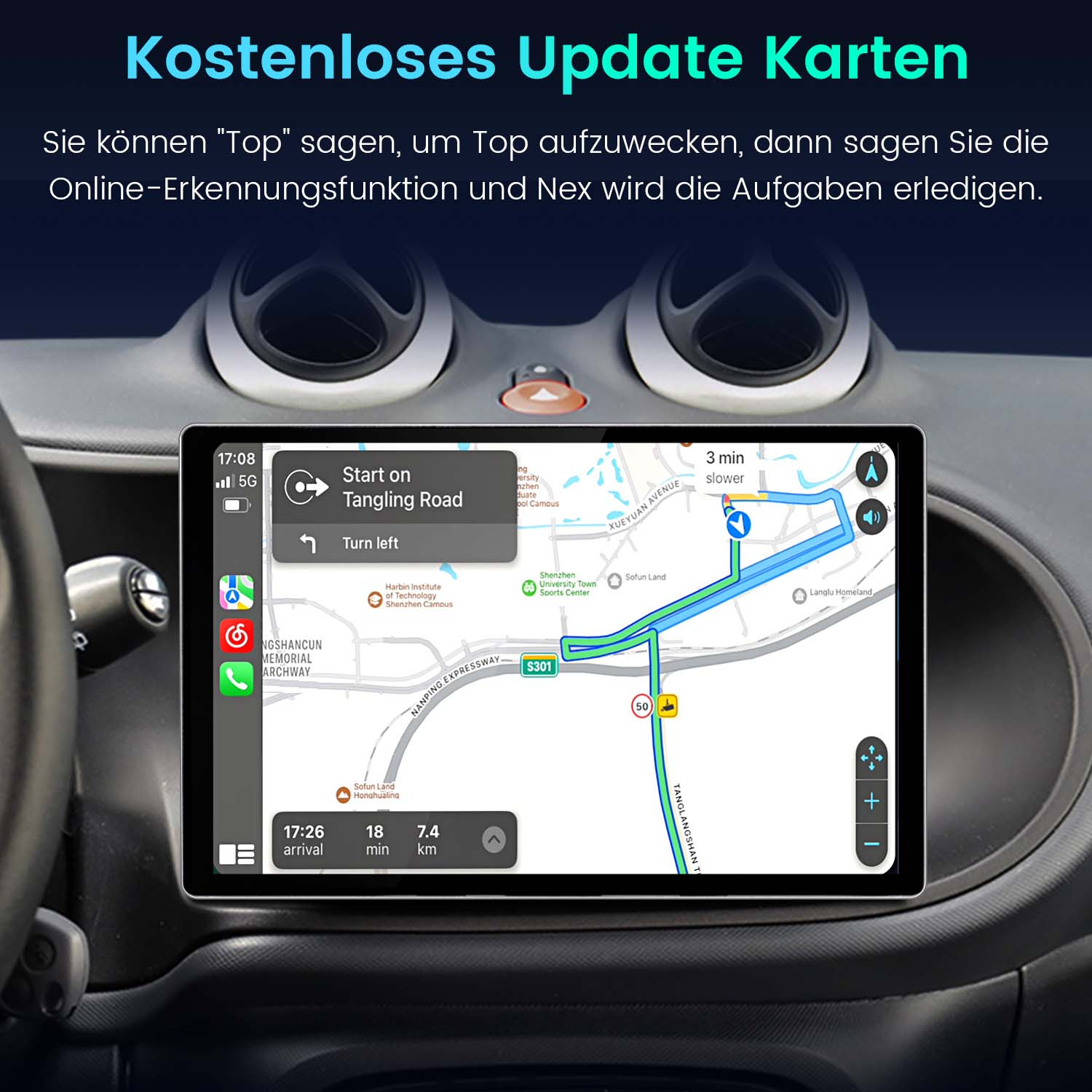 Armaturenbrett des Autos mit Bildschirm, der eine Karte mit Navigation und Text zeigt.