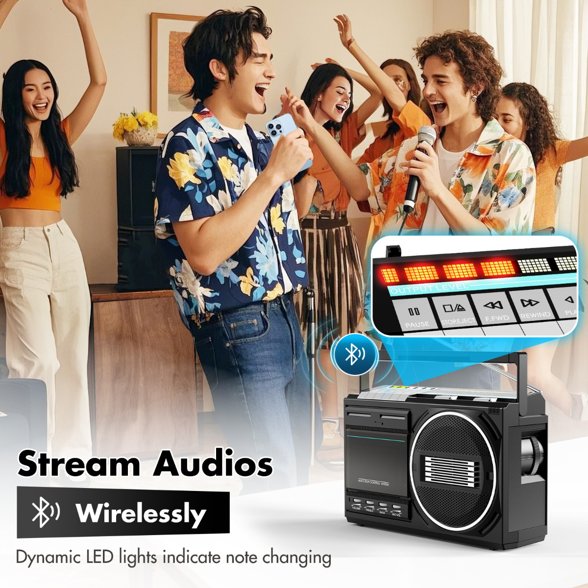 Gruppe von Leuten singt Karaoke mit einer Boombox, die Ausgangspegel und Bluetooth-Symbol zeigt.
