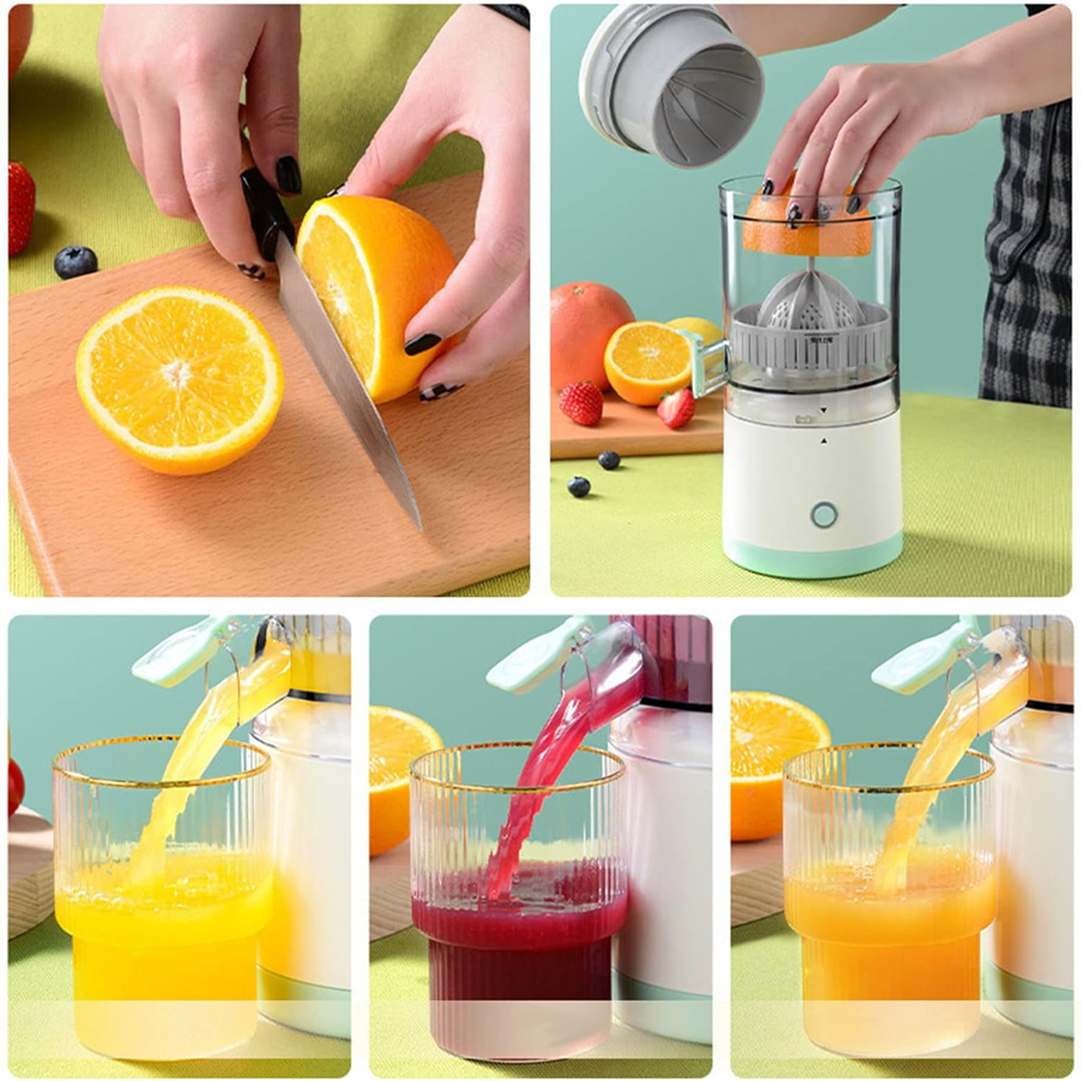 Eine Collage, die den Saftvorgang zeigt: Orange schneiden, entsaften und Saft in Gläser gießen.