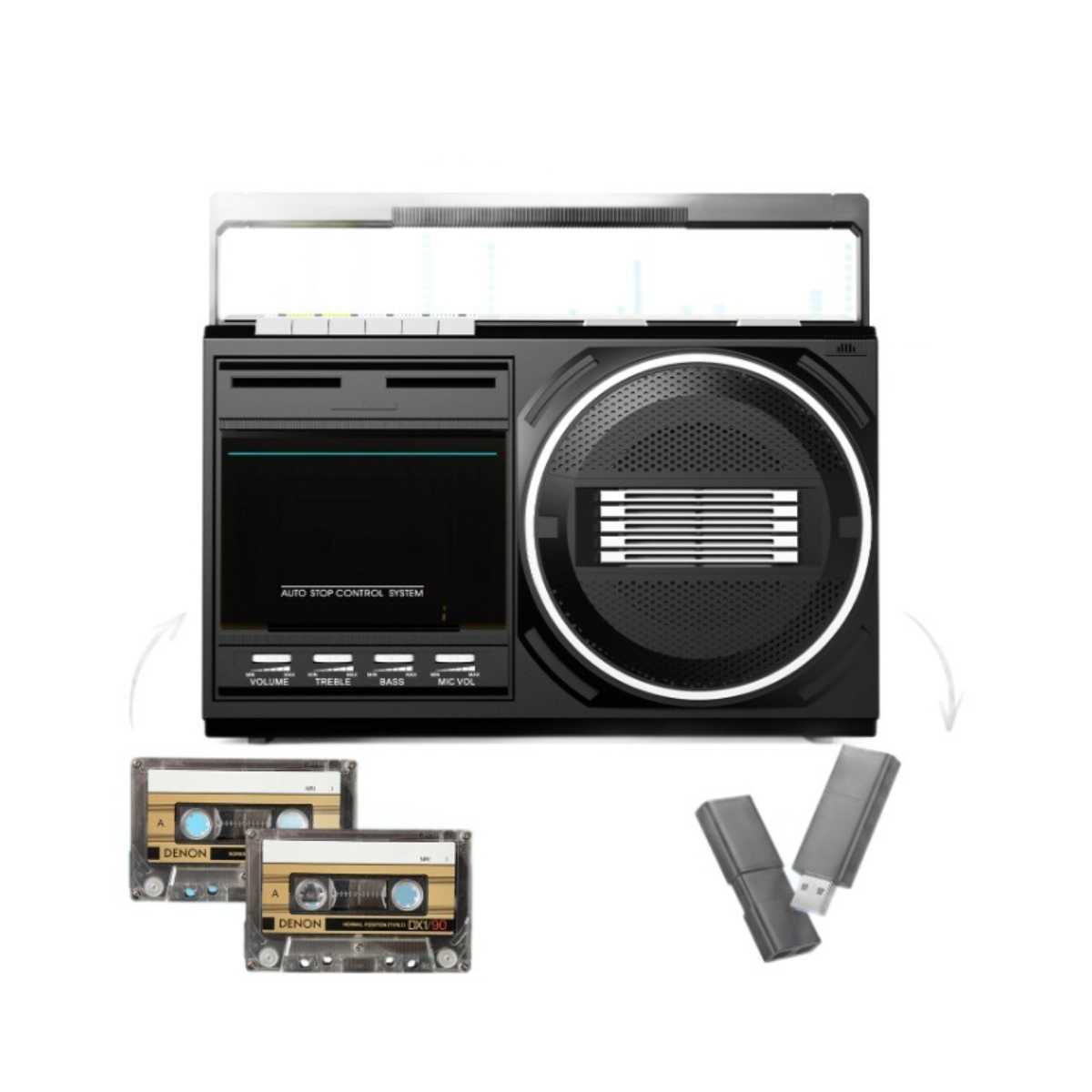 Ein schwarzes Retro-Stereo mit zwei Kassetten und zwei USB-Sticks. Das Stereo hat Knöpfe und einen Lautsprecher.