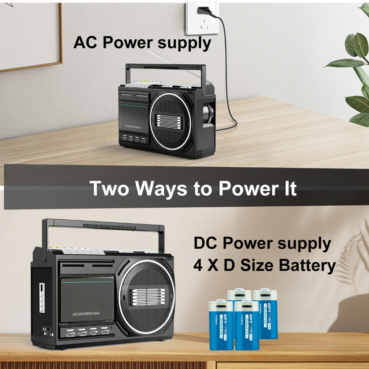 Schwarze Boombox mit Wechselstromanschluss und Gleichstromanschluss und 4 D-Batterien.
