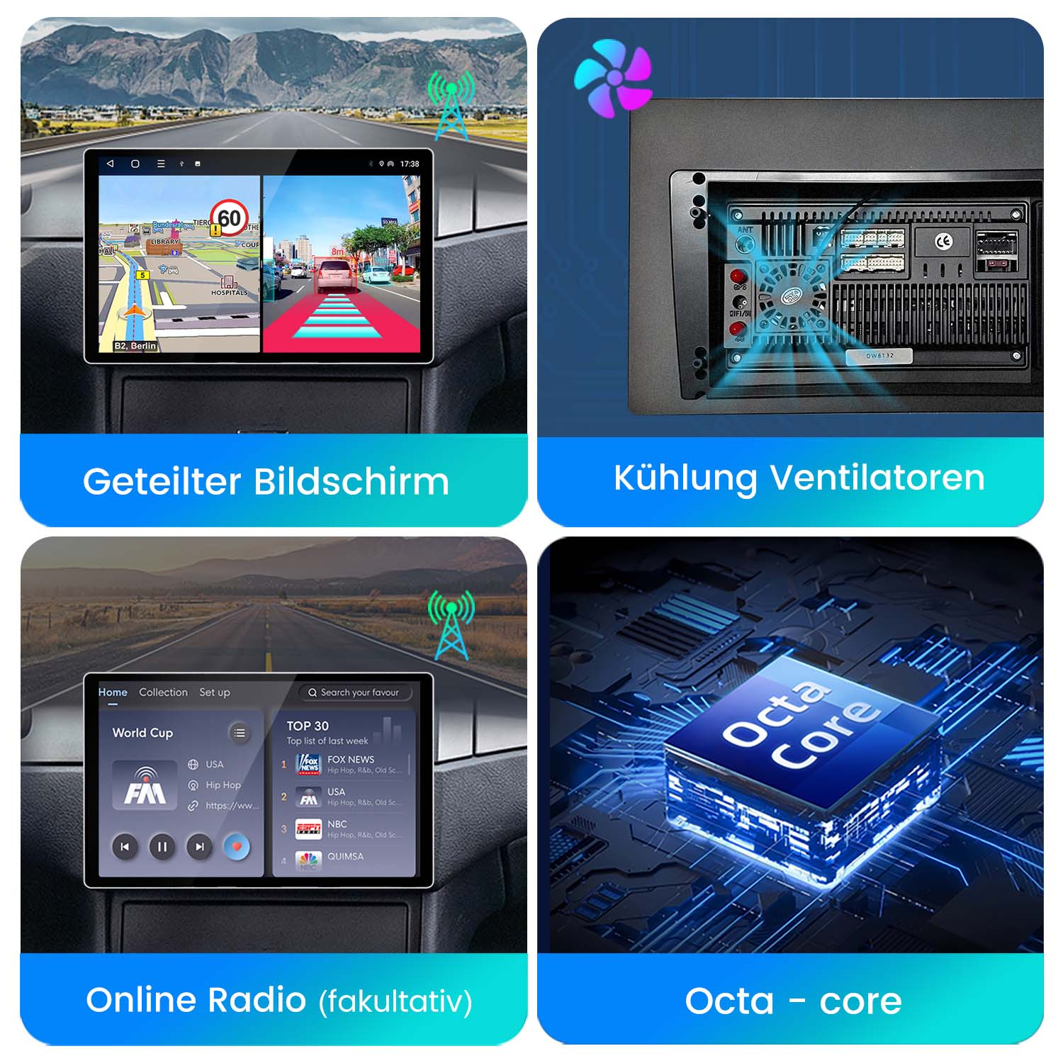 Vier Paneele, die eine Autoschnittstelle und ihre Funktionen zeigen: geteilter Bildschirm, Lüfter, Online-Radio und Octa-Core.