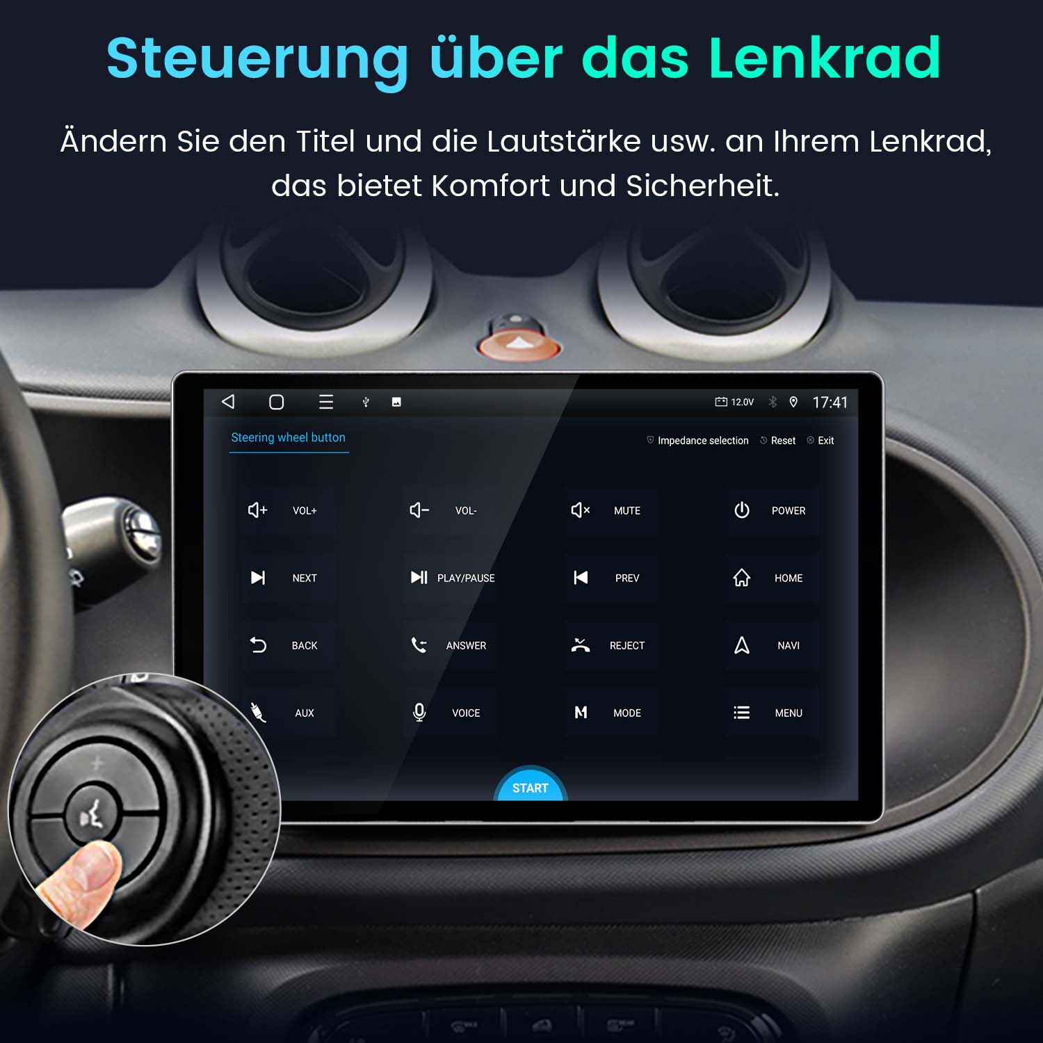 Armaturenbrett eines Autos mit einer Hand, die die Lenkradtaste berührt. Deutscher Text.