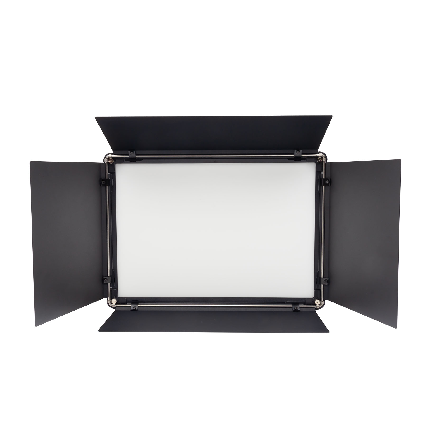 Schwarzes und silbernes Lichtpanel mit verstellbaren Klappen, vor weißem Hintergrund.