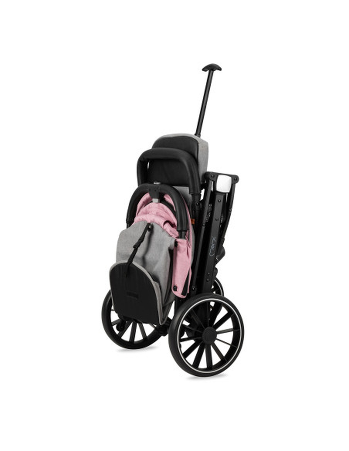 Zusammengeklappter Kinderwagen mit rosa und grauem Stoff, schwarzen Rädern und Griff.
