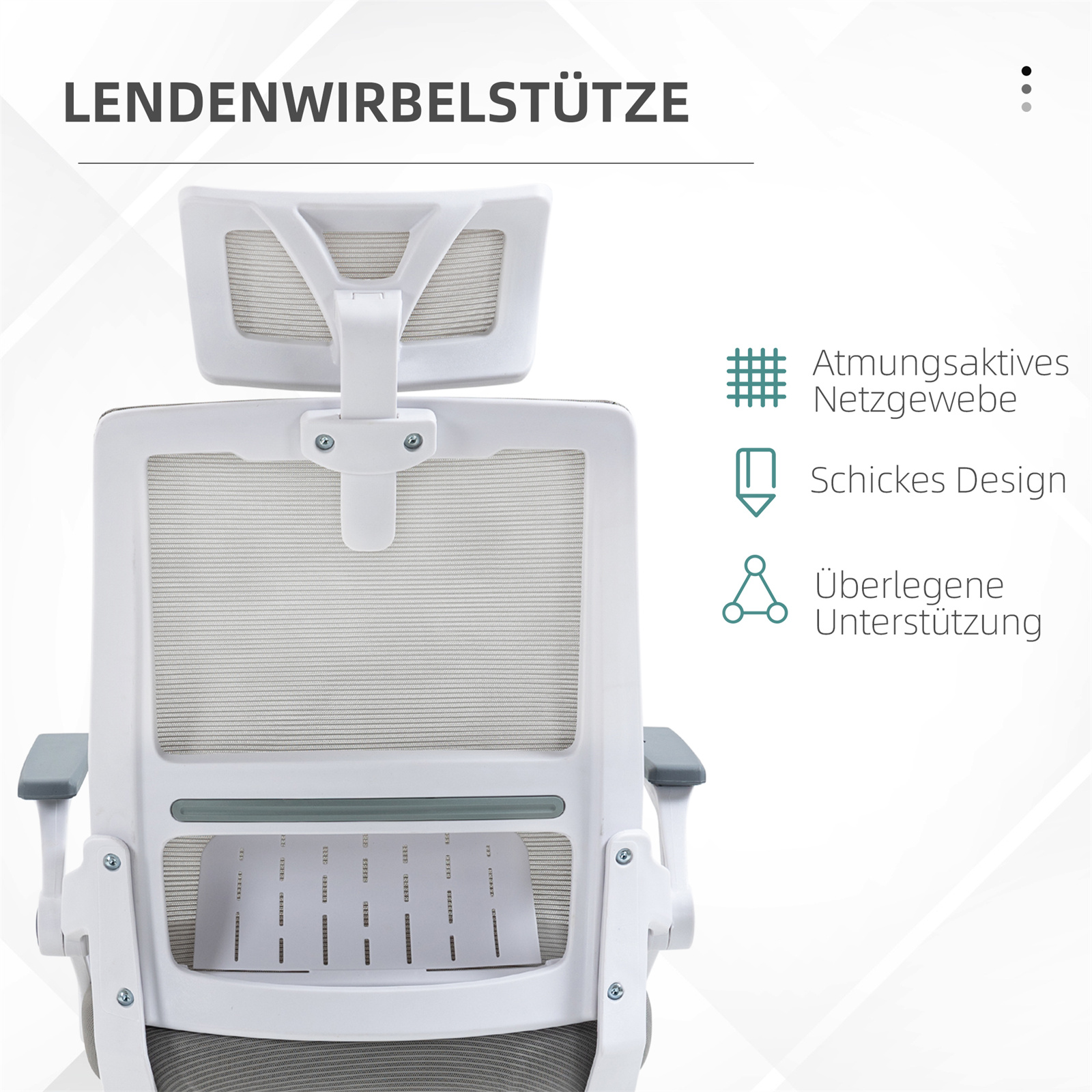 Weiß-grauer Bürostuhl mit Kopfstütze, Rückenlehne und Armlehnen.