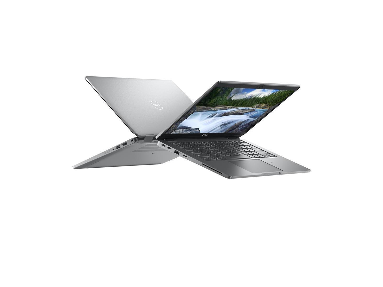 Zwei silberne Dell Laptops auf weißem Hintergrund. Einer ist geöffnet und zeigt eine Landschaft.