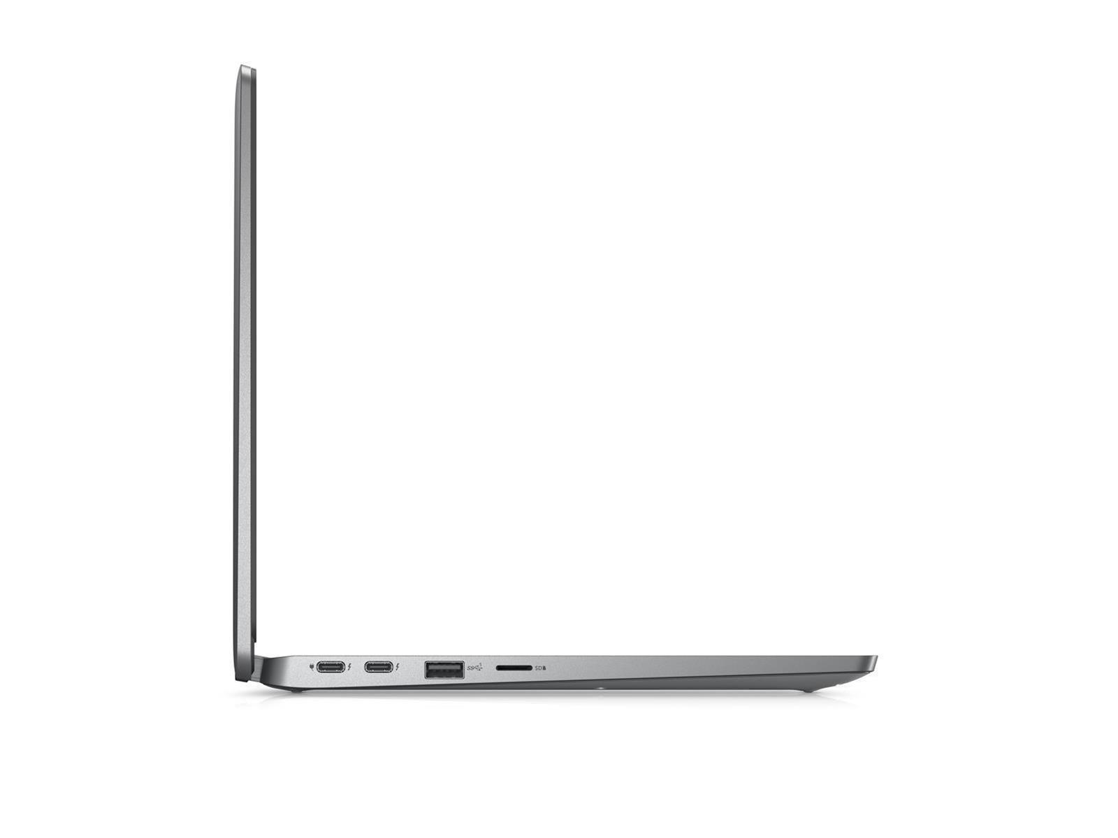 Laptop Seitenansicht, silberfarben. Display geschlossen, Anschlüsse sichtbar. Weißer Hintergrund, minimalistisch.