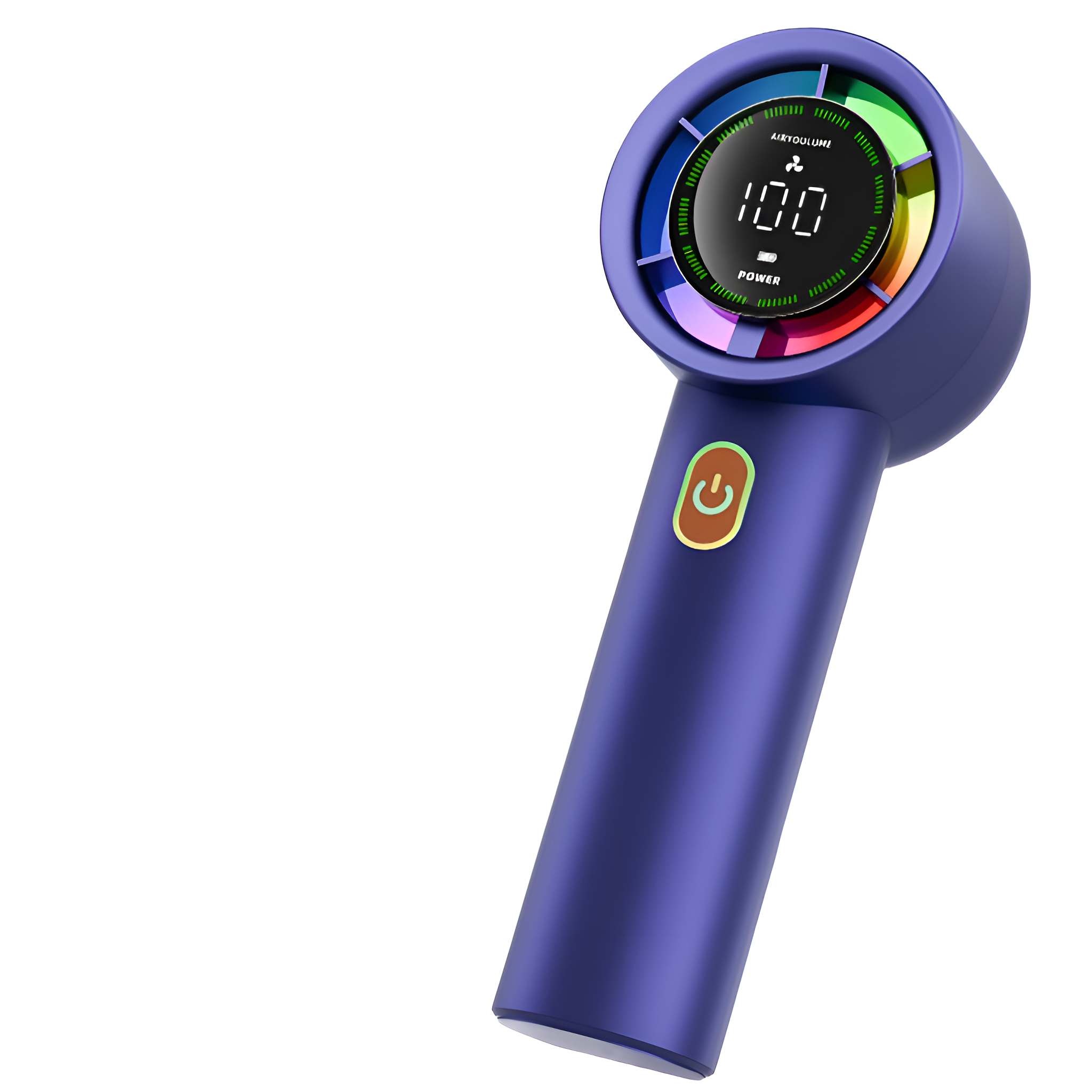 Blauer Handventilator mit Digitalanzeige und bunten Lichtern.