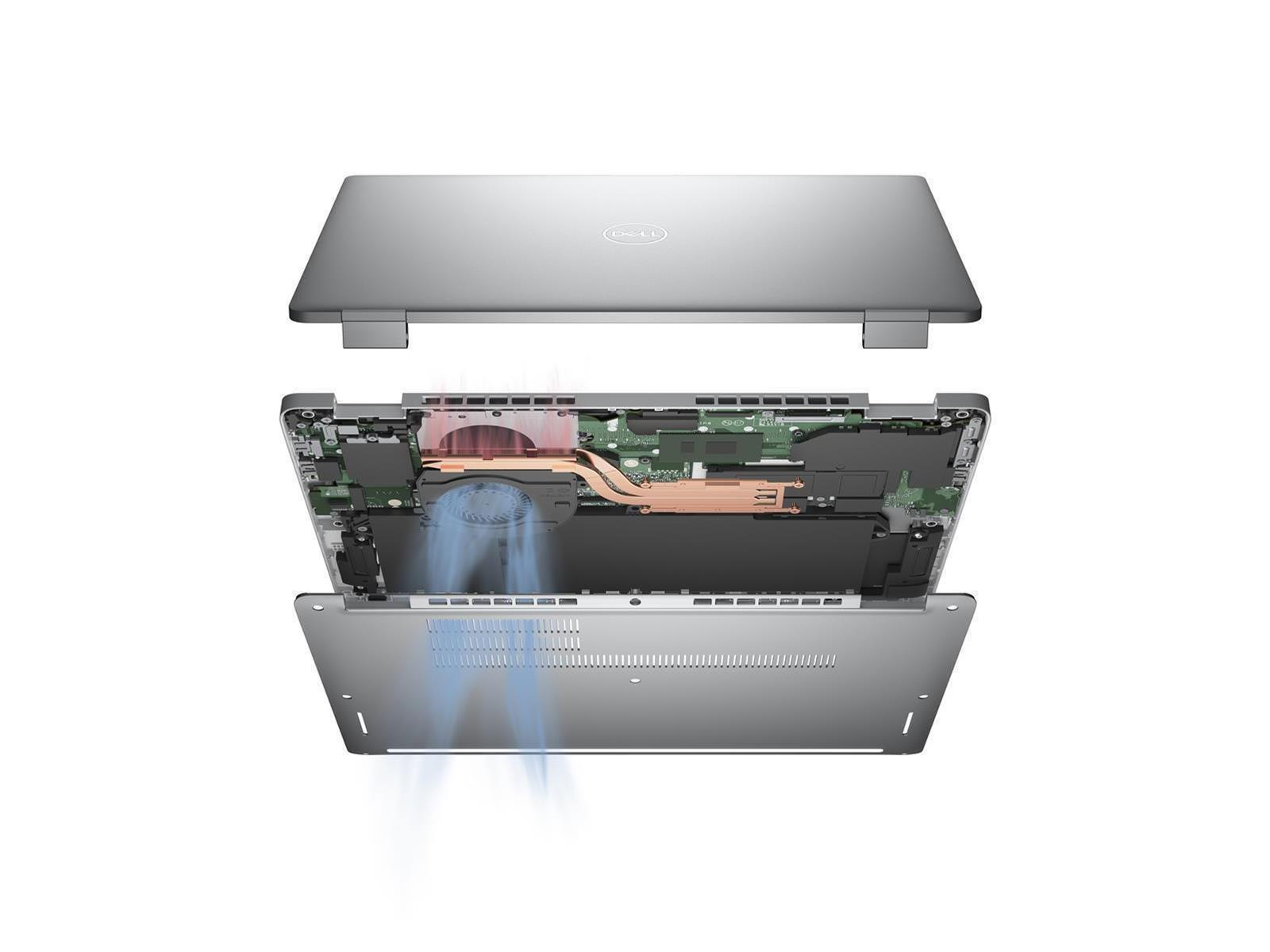 Das Innere eines Laptops mit Komponenten des Kühlsystems. Ober- und Unterseite sind getrennt.