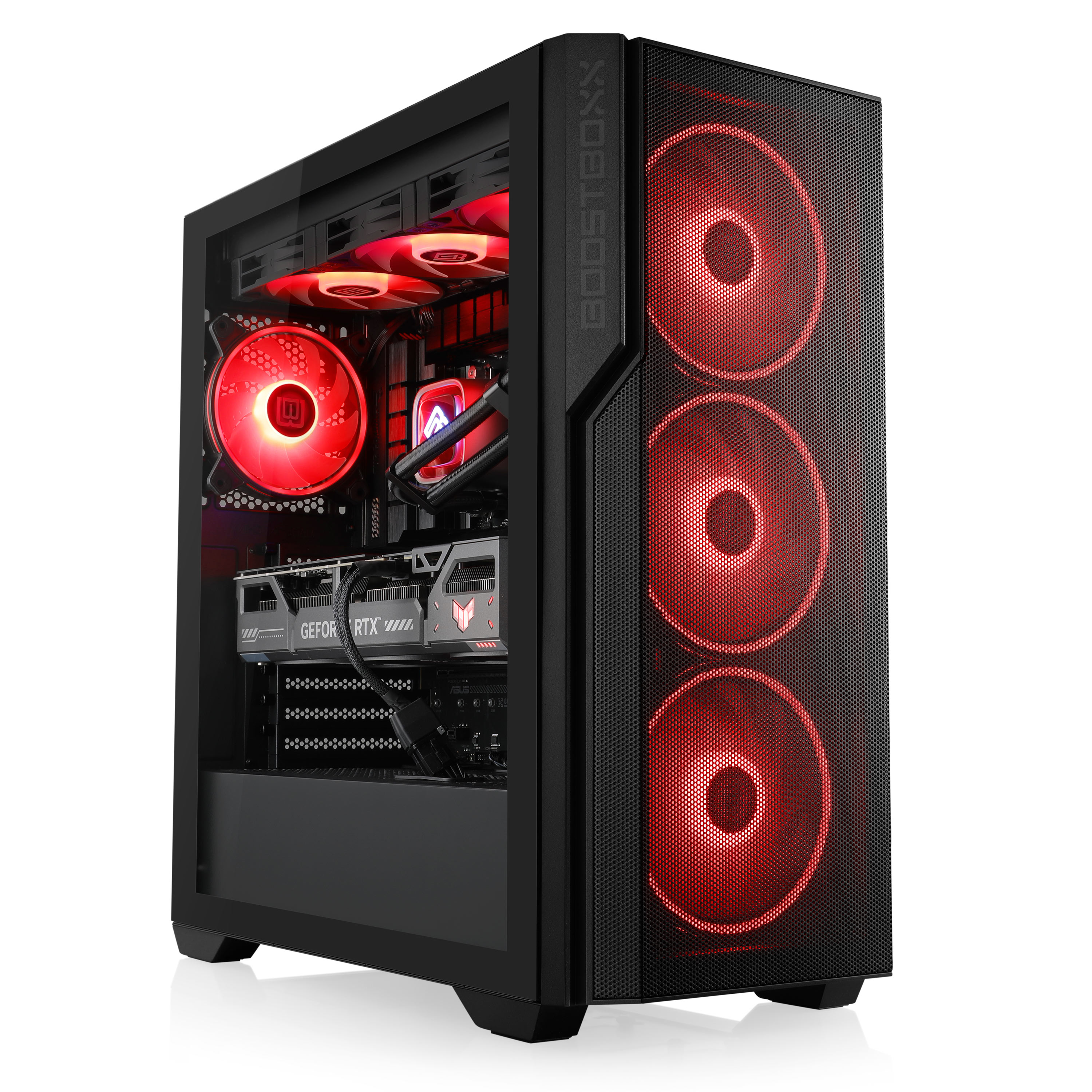 Schwarzes PC-Gehäuse mit roten Lichtern. Es hat eine Glas-Seitenwand mit Blick auf die Innenausstattung.