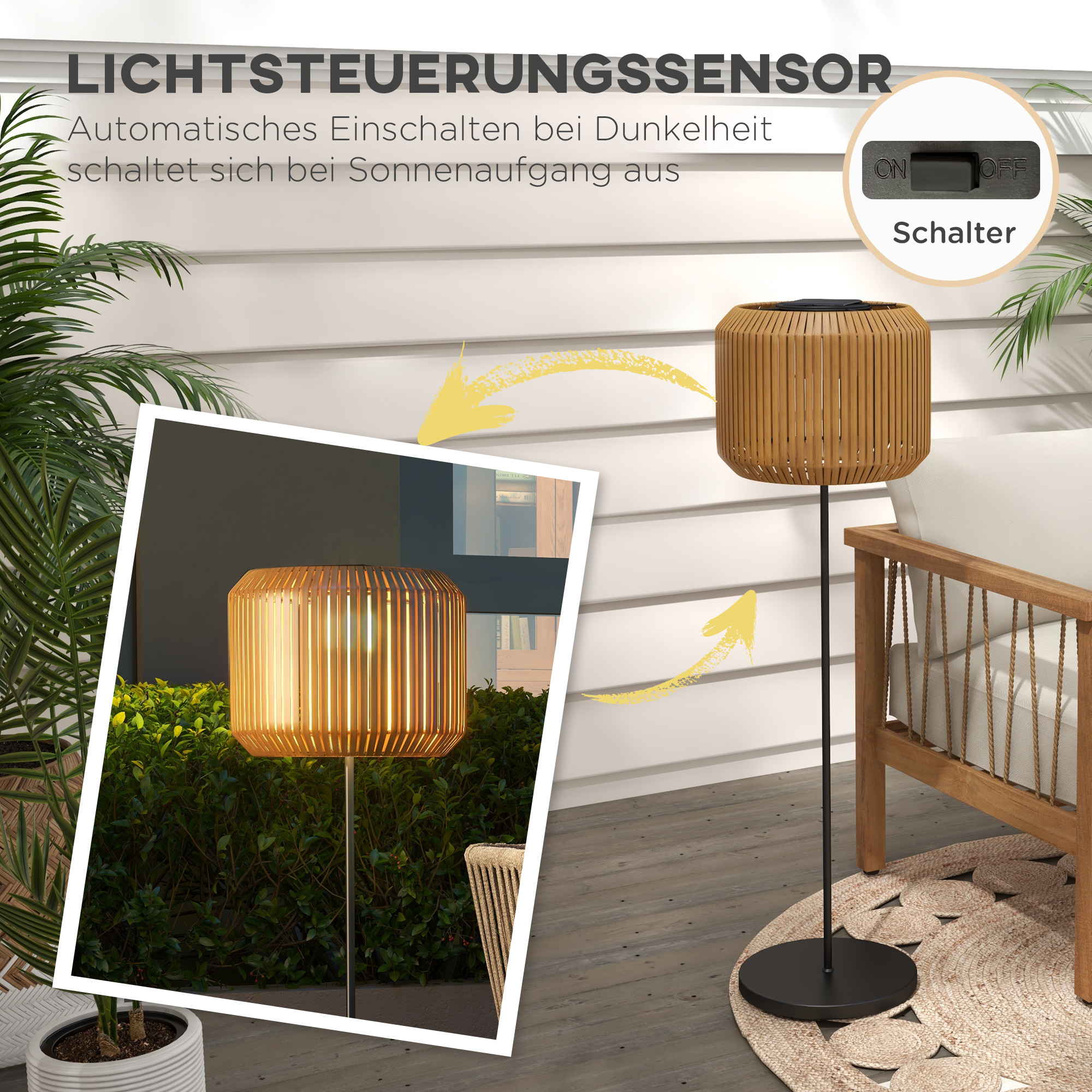 Eine hölzerne Außenlampe mit Licht, ein Foto der Lampe im Garten und ein Schalter mit der Beschriftung EIN/AUS.