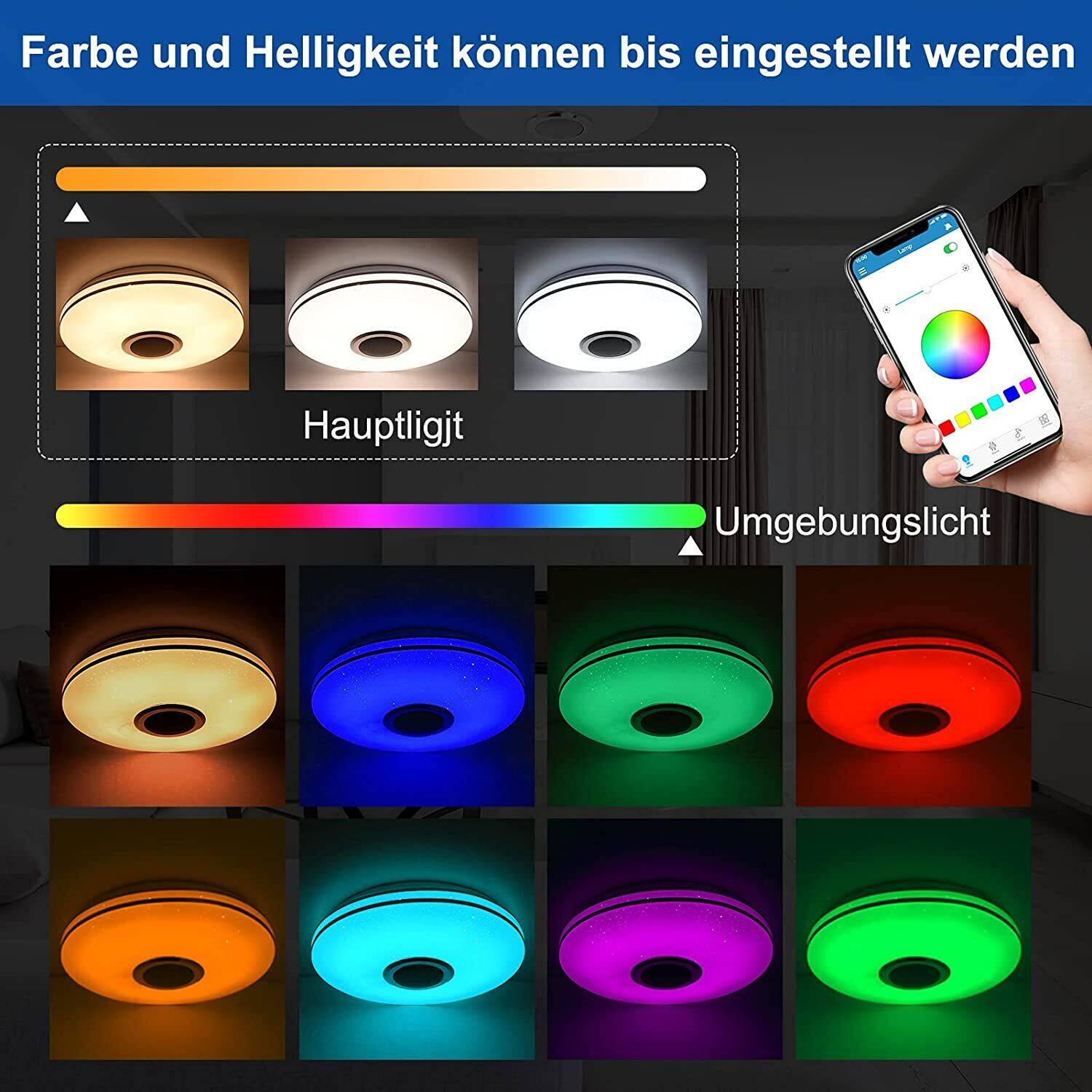 Deckenleuchte zeigt verschiedene Farboptionen, gesteuert vom Telefon.