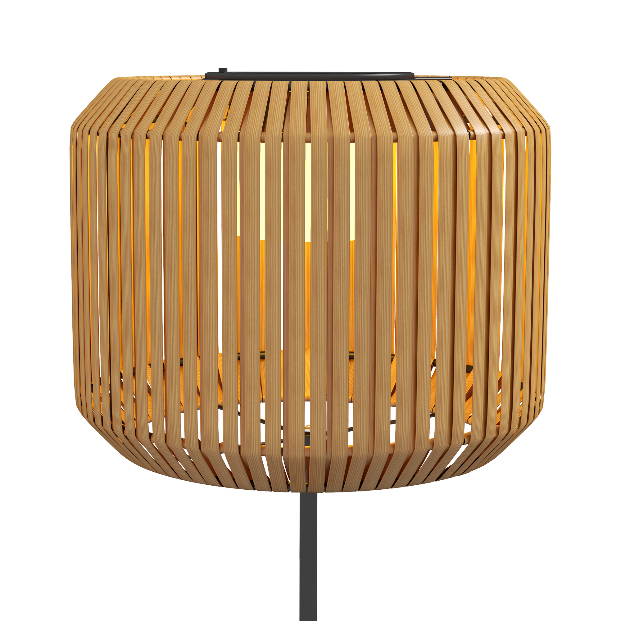 Holzlampe mit vertikalen Lamellen, die warmes Licht aussendet. Sie hat einen schwarzen Fuß.