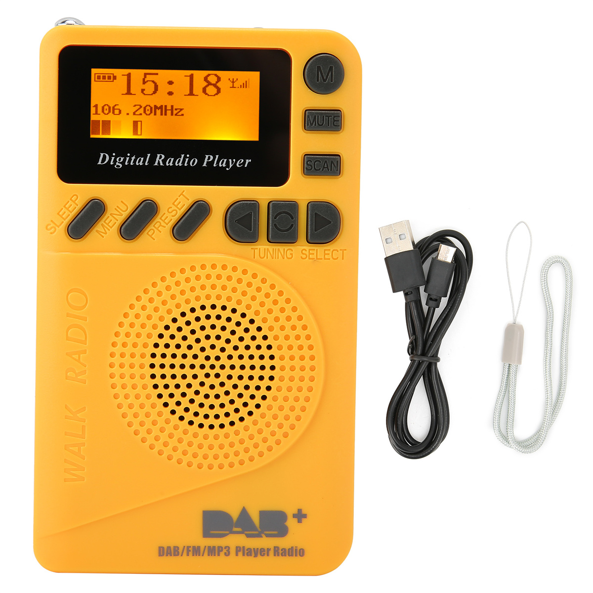 Gelber Digitalradio-Player mit Anzeige von Zeit und Frequenz, mit Kabeln und Riemen.