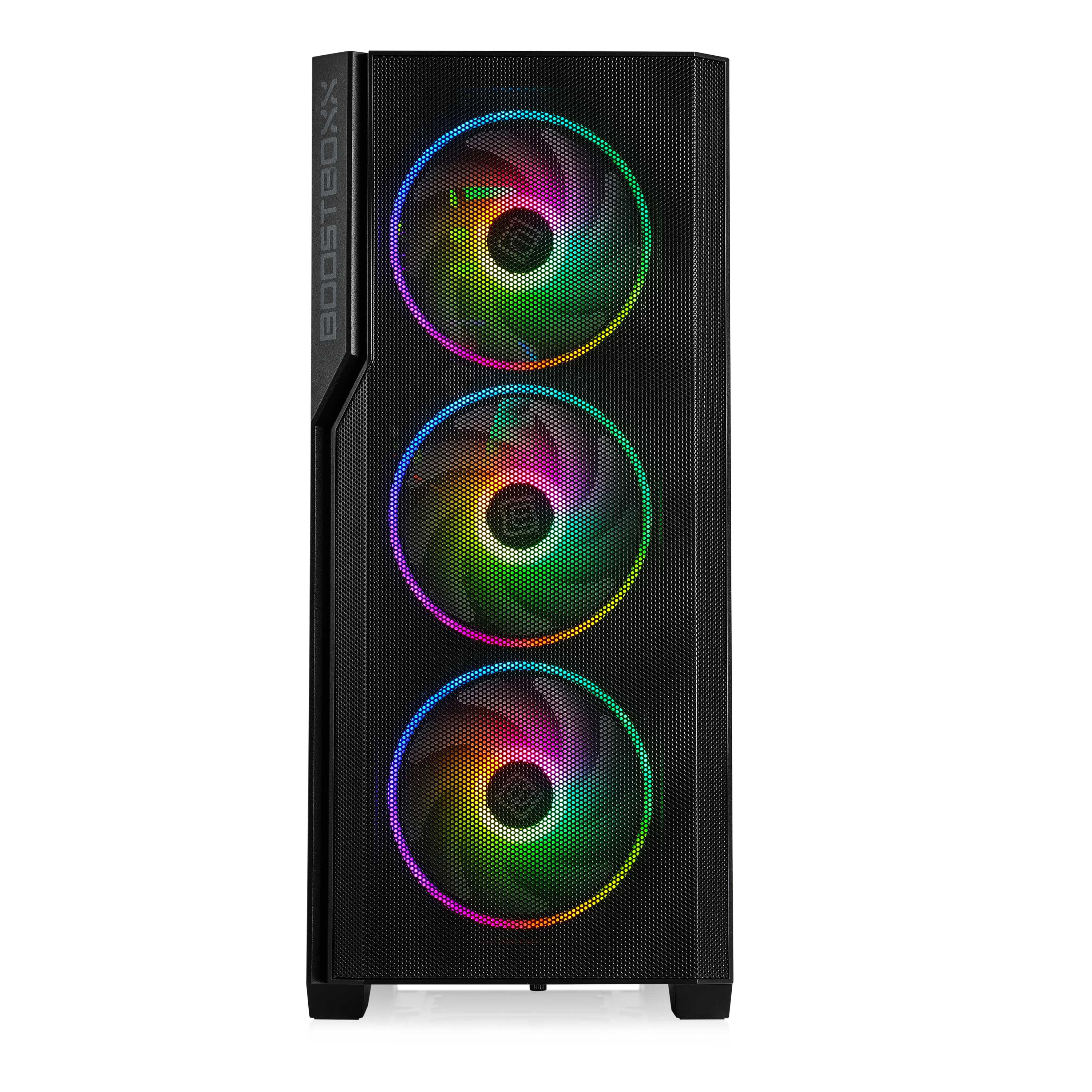 Zwarte computerkast met drie verlichte ventilatoren. De kast heeft een mesh voorpaneel.