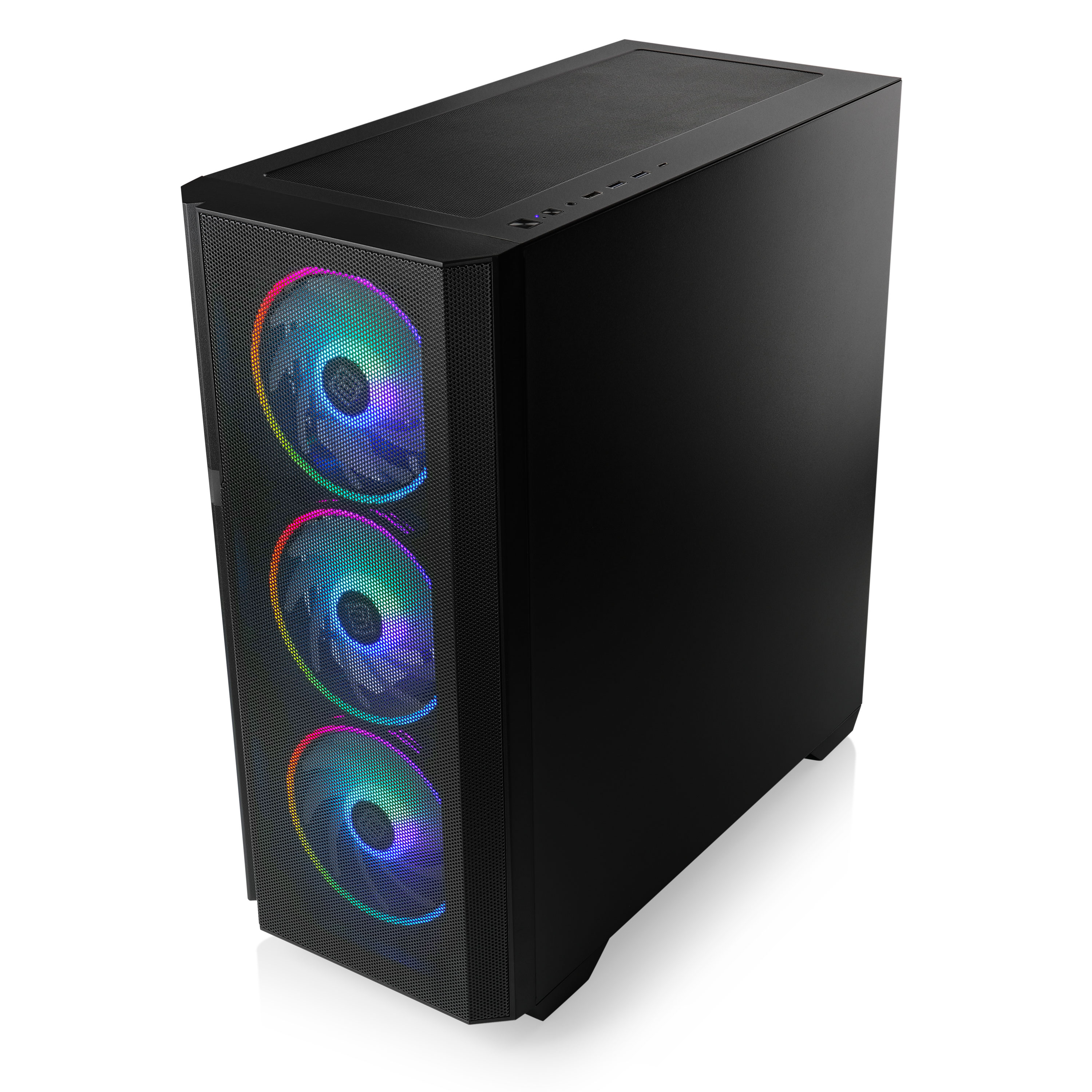 Een zwarte computerkast met drie ventilatoren die kleurrijke regenbooglichten weergeven. De kast staat op een wit oppervlak.