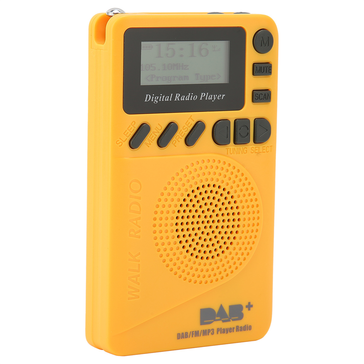 Ein gelbes tragbares DAB-Radio mit Display, Knöpfen und Lautsprecher.