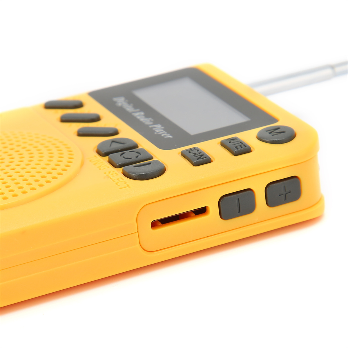 Ein gelber tragbarer Radio-Player mit Knöpfen und einem kleinen Bildschirm. Es hat einen SD-Kartenslot.