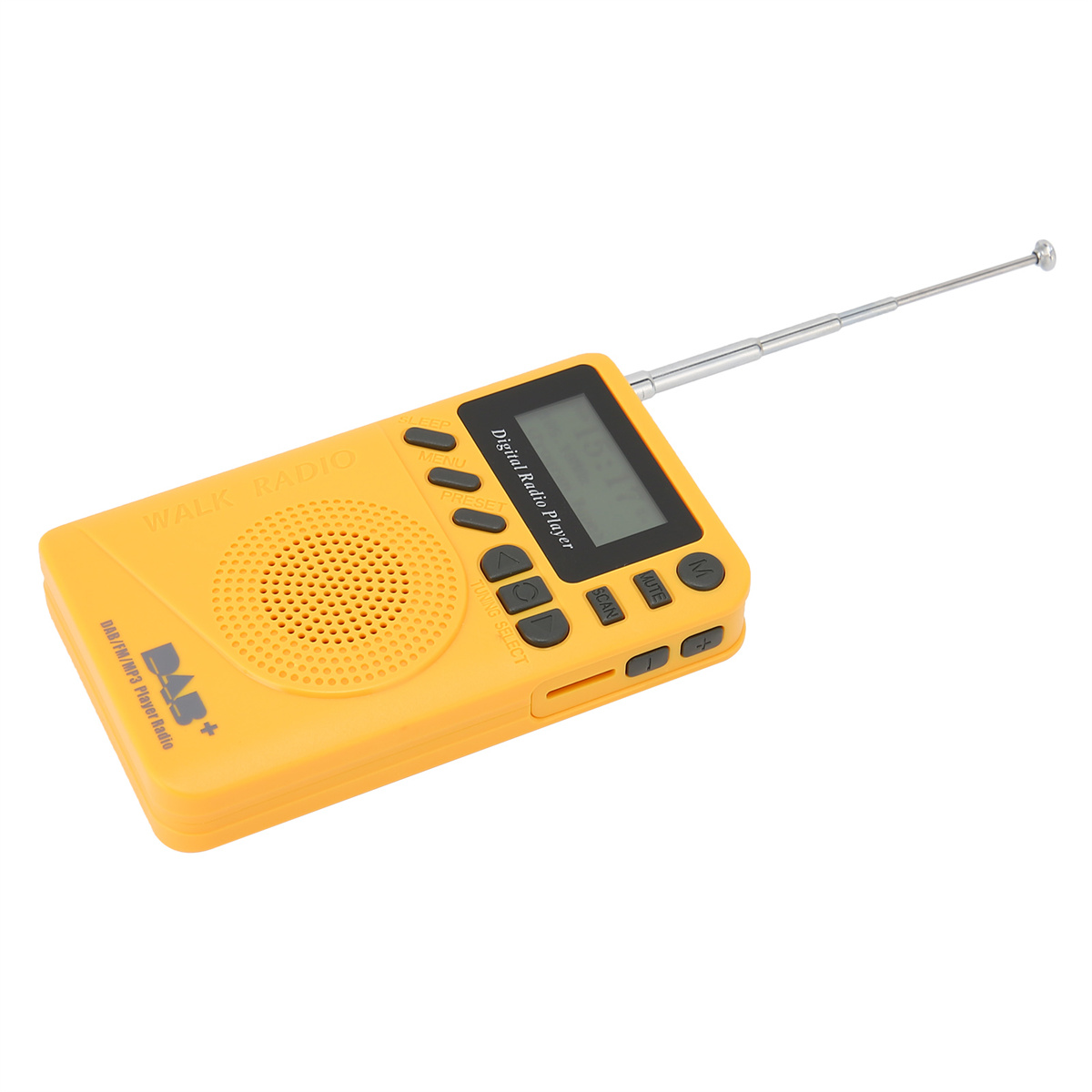 Ein gelbes DAB-Radio mit Antenne und Bildschirm.