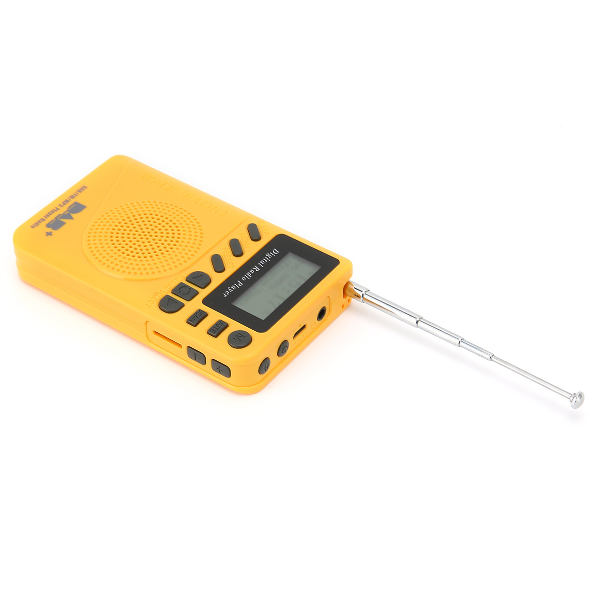 Ein gelber digitaler Radio-Player mit Knöpfen, Antenne und kleinem Display.