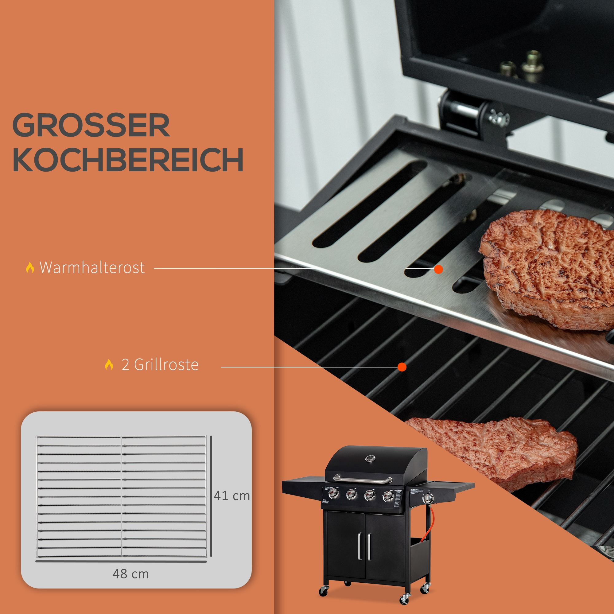 Nahaufnahme eines schwarzen Gasgrills mit Warmhalterost und zwei Grillrosten, Steaks sichtbar.