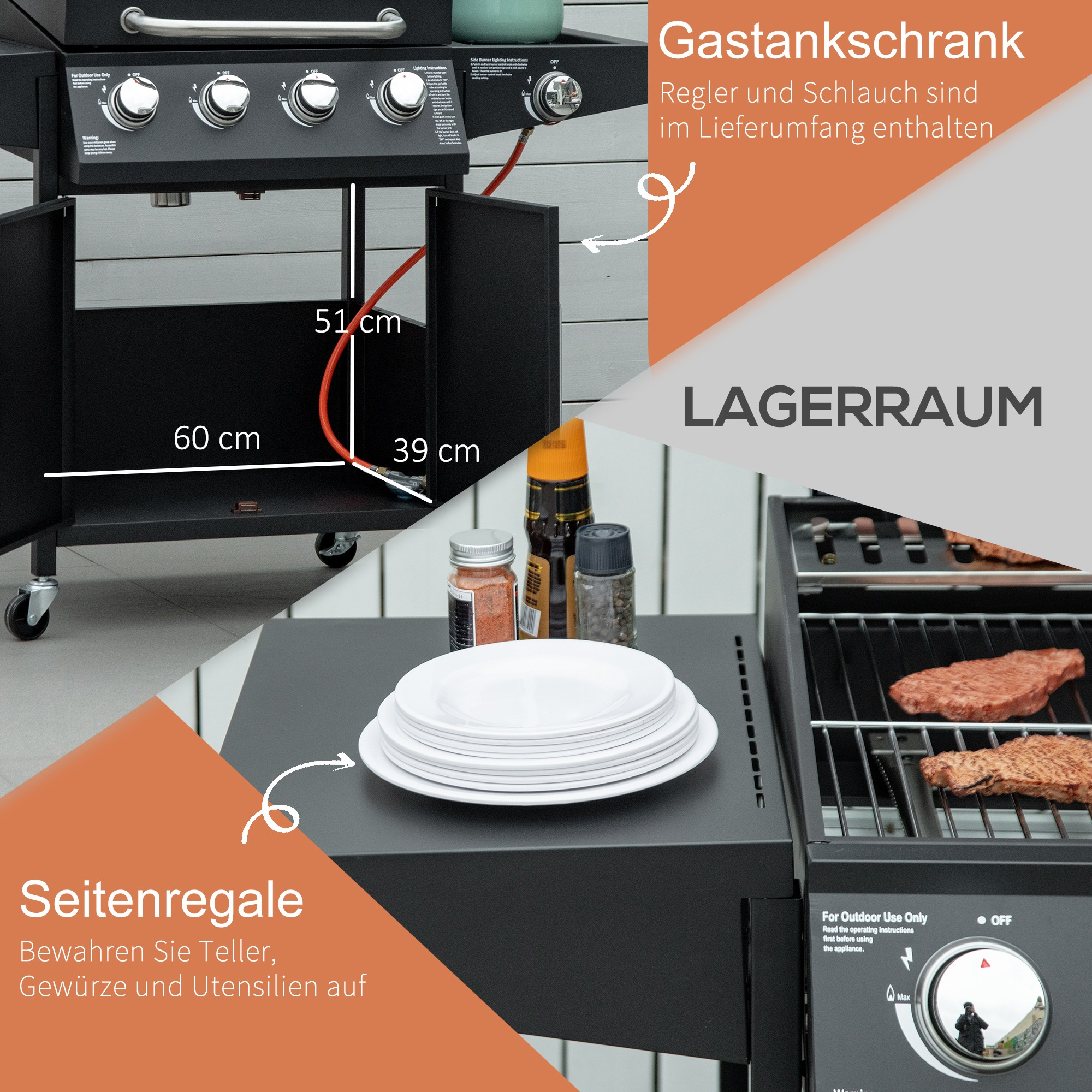 Schwarzer Außengrill mit Ablagen und Beschriftungen. Weißer Hintergrund.