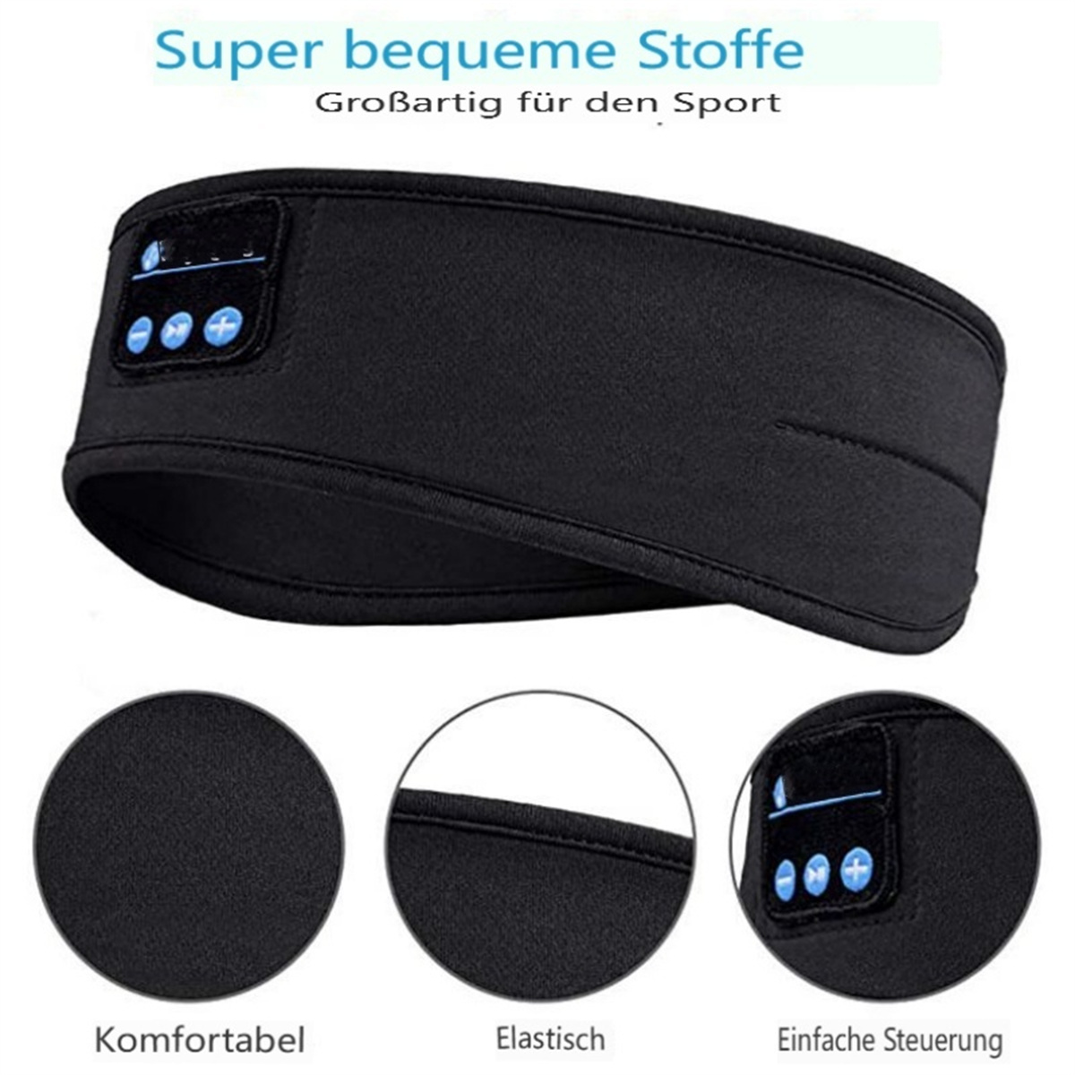 Ein schwarzes Stirnband mit Steuertasten und drei Kreisen mit Details zu Komfort und Elastizität.