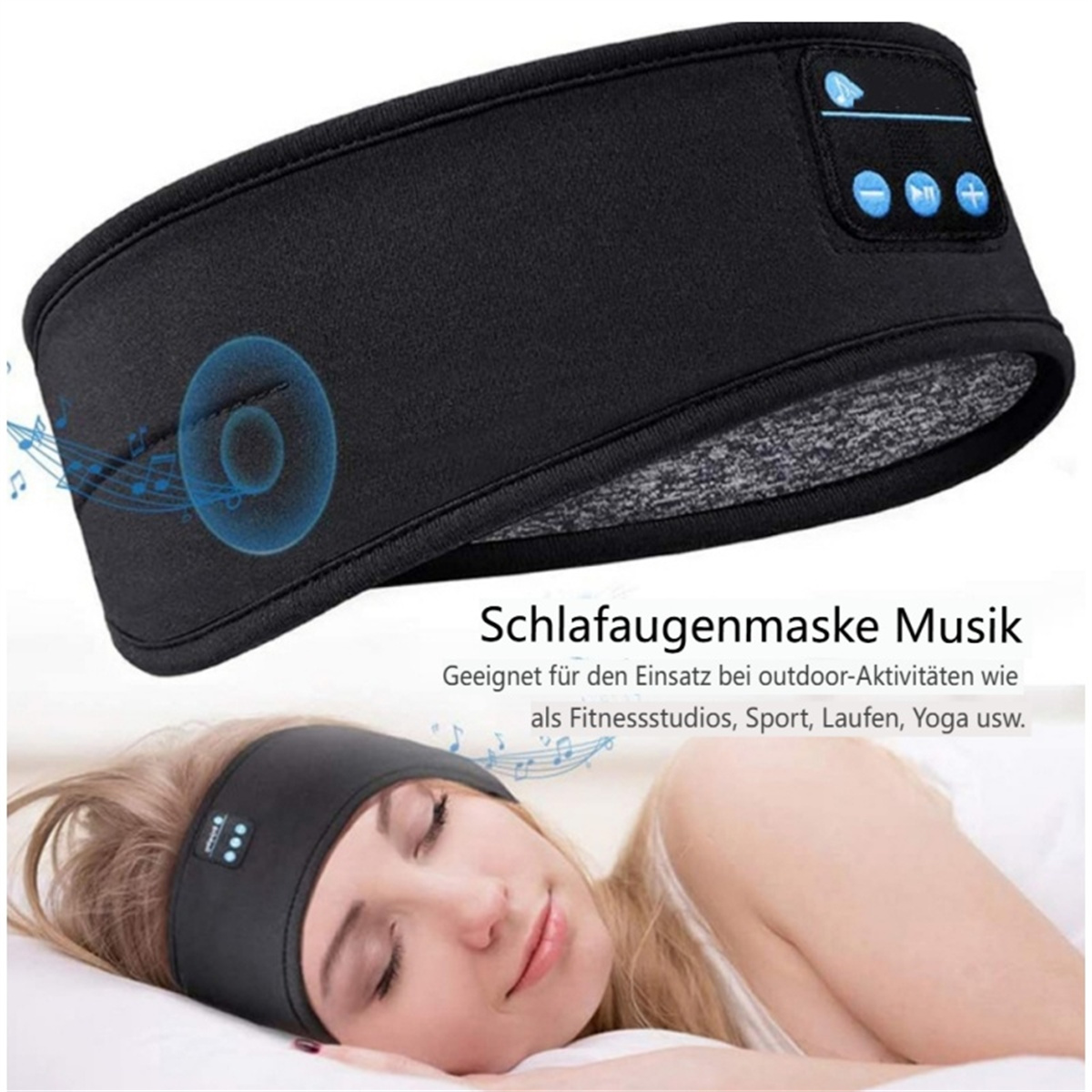 Schwarze Schlafmaske mit integrierten Bluetooth-Tasten, eine Frau, die sie trägt, mit Noten.