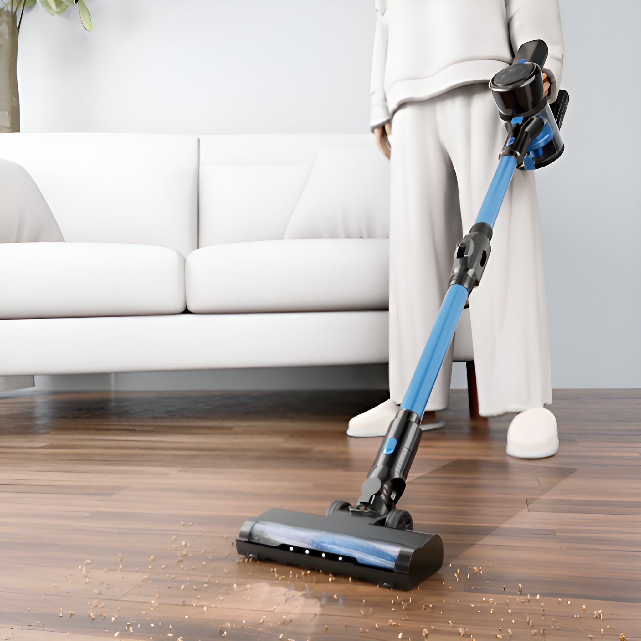Eine Person, die einen Holzboden mit einem kabellosen Staubsauger saugt.