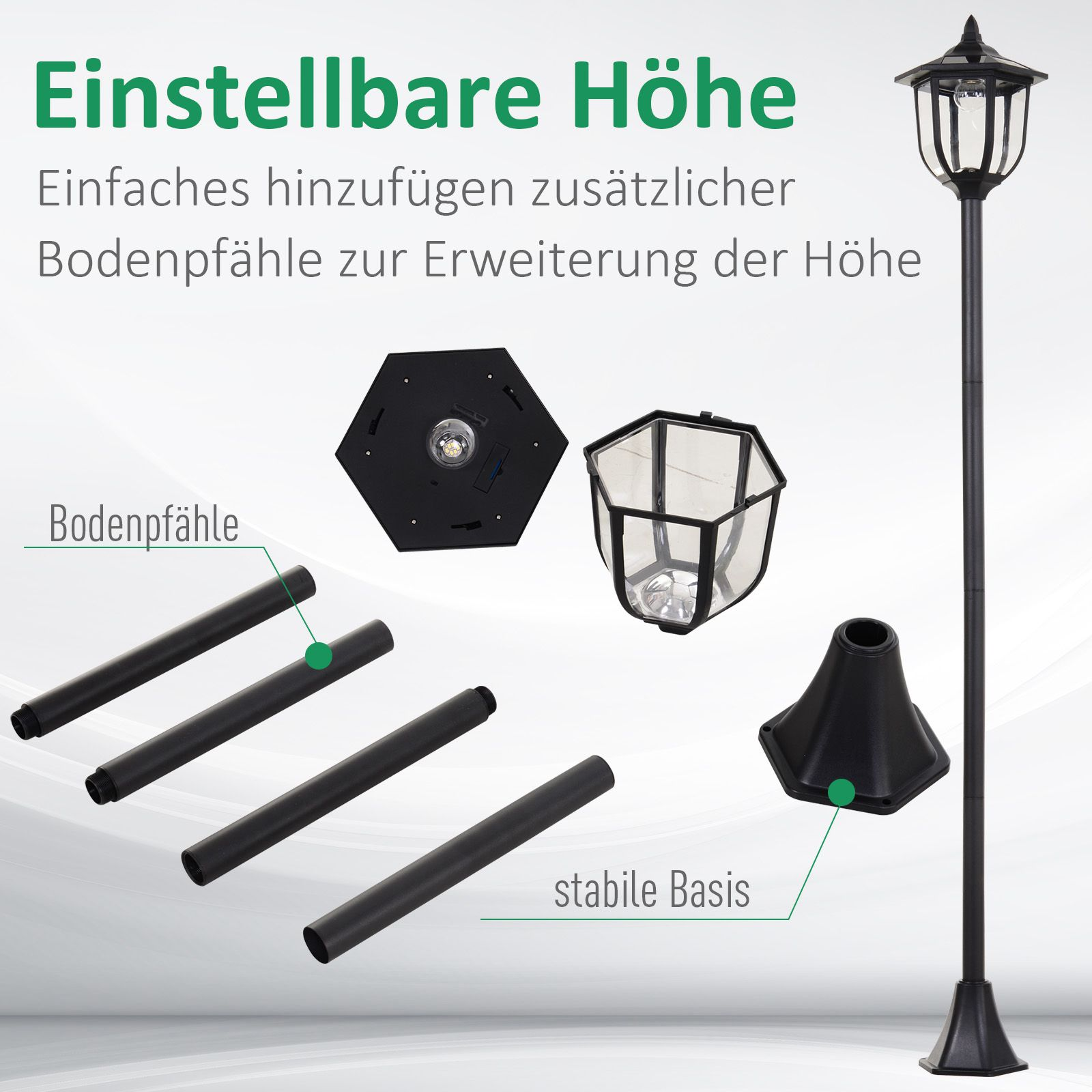 Schwarze Straßenlaterne, Komponenten und Text auf Deutsch.