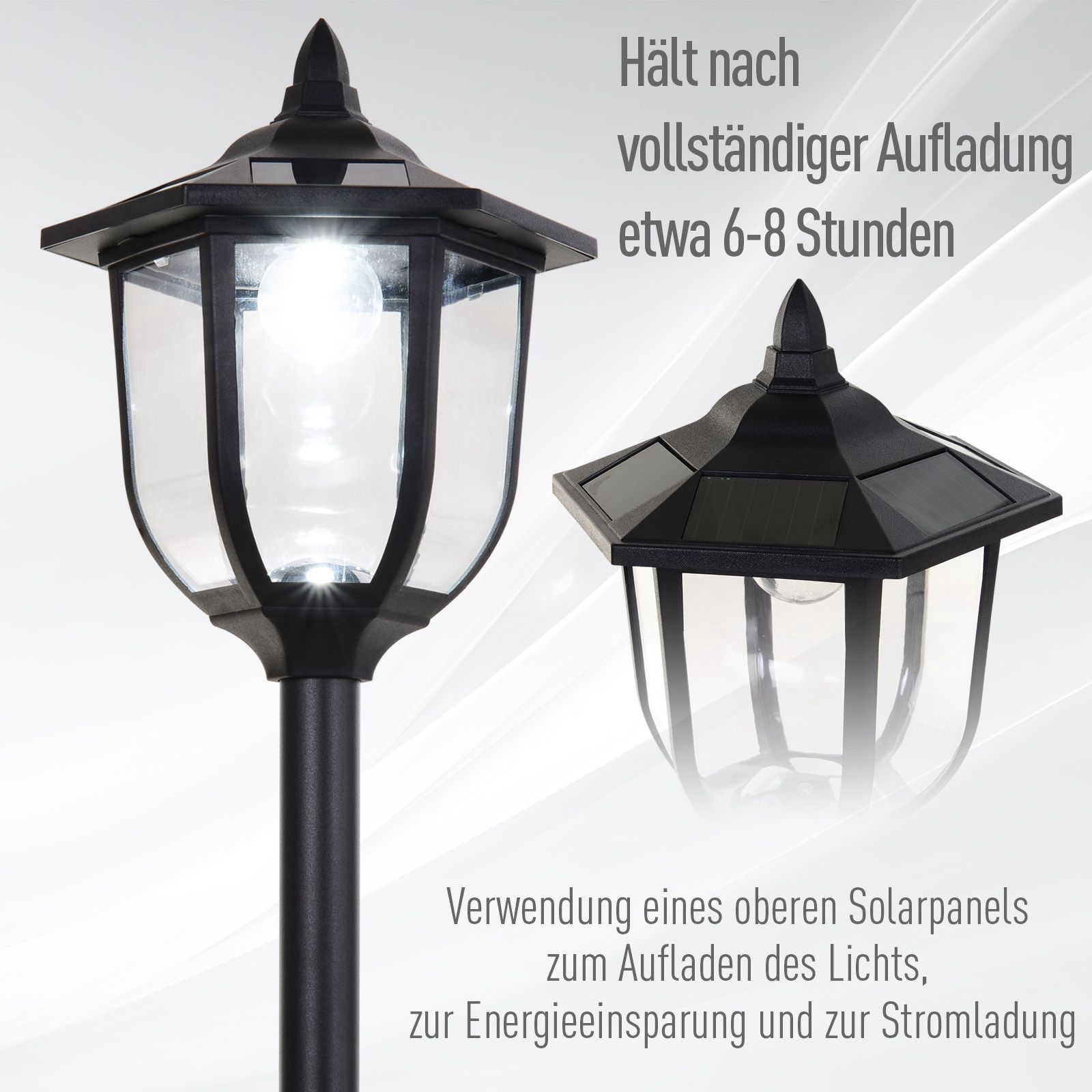 Eine schwarze Außenlampe mit einem oben angebrachten Solarpanel.