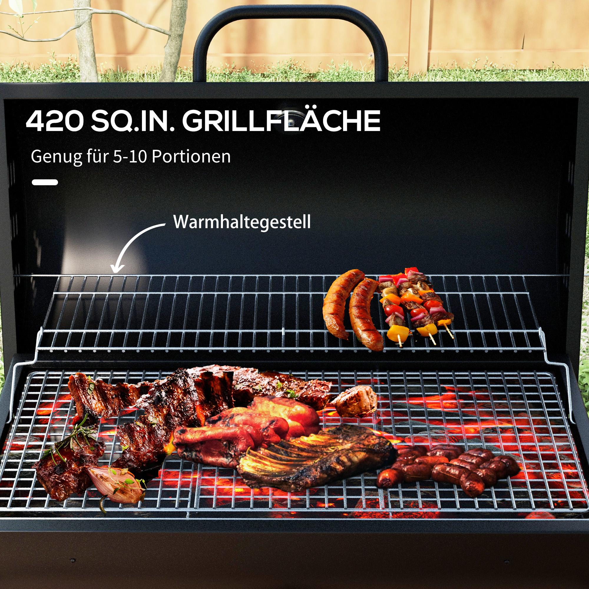 Ein Grill mit Fleisch und Gemüse auf dem Grill. Oben steht '420 sq.in. Grillfläche'.