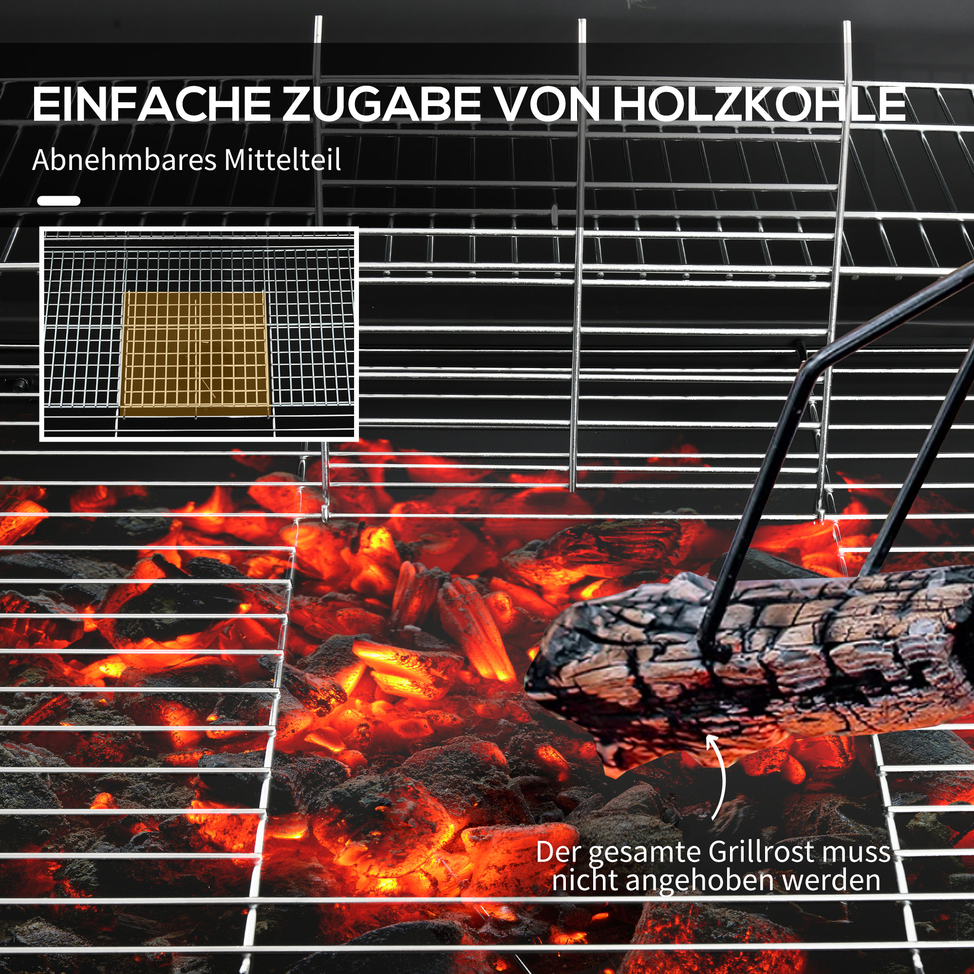 Ein Grill mit heißer Kohle. Der Grill hat Metallstäbe und einen abnehmbaren Teil.