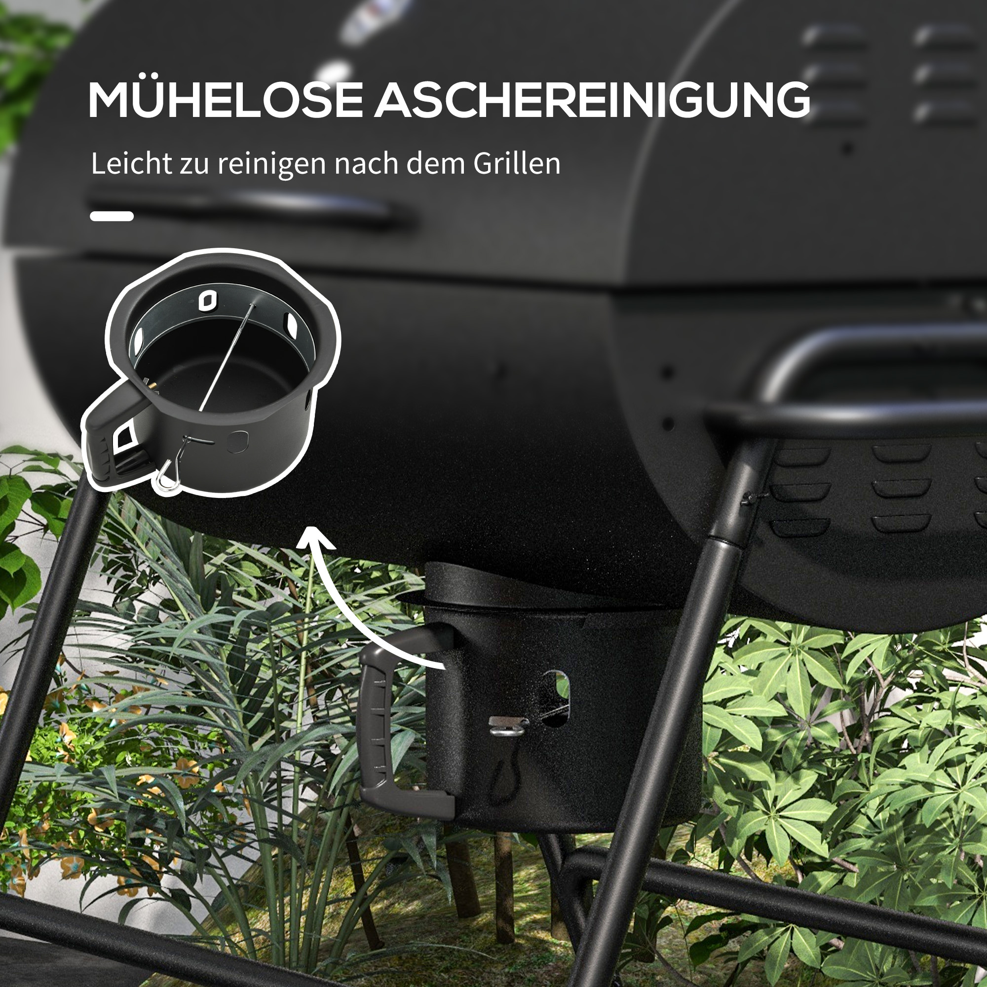 Nahaufnahme eines schwarzen Grills mit abnehmbarem Asche-Reiniger und Griff.