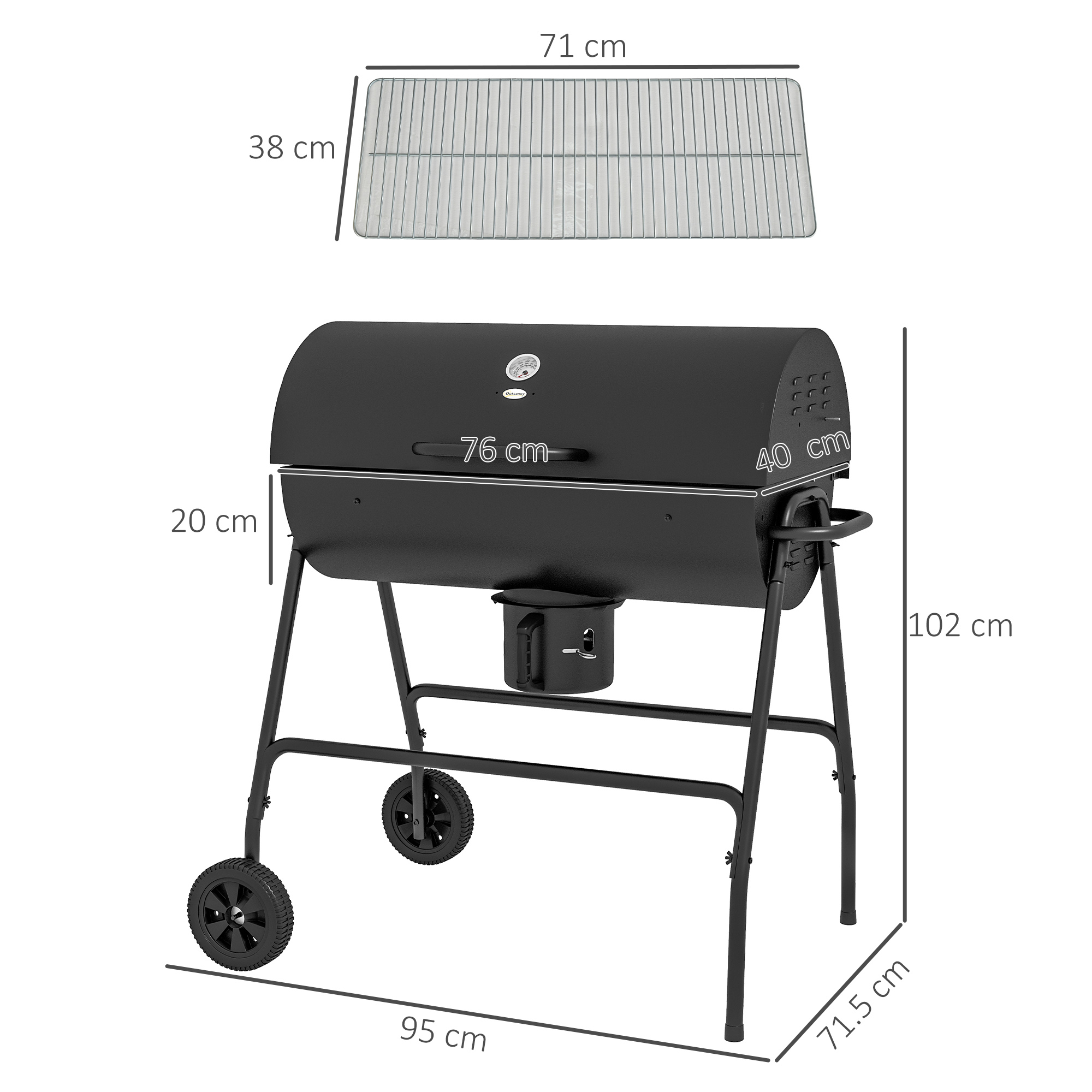 Ein schwarzer Barbecue-Grill mit angezeigten Abmessungen, einschließlich eines Grillrosts darüber.