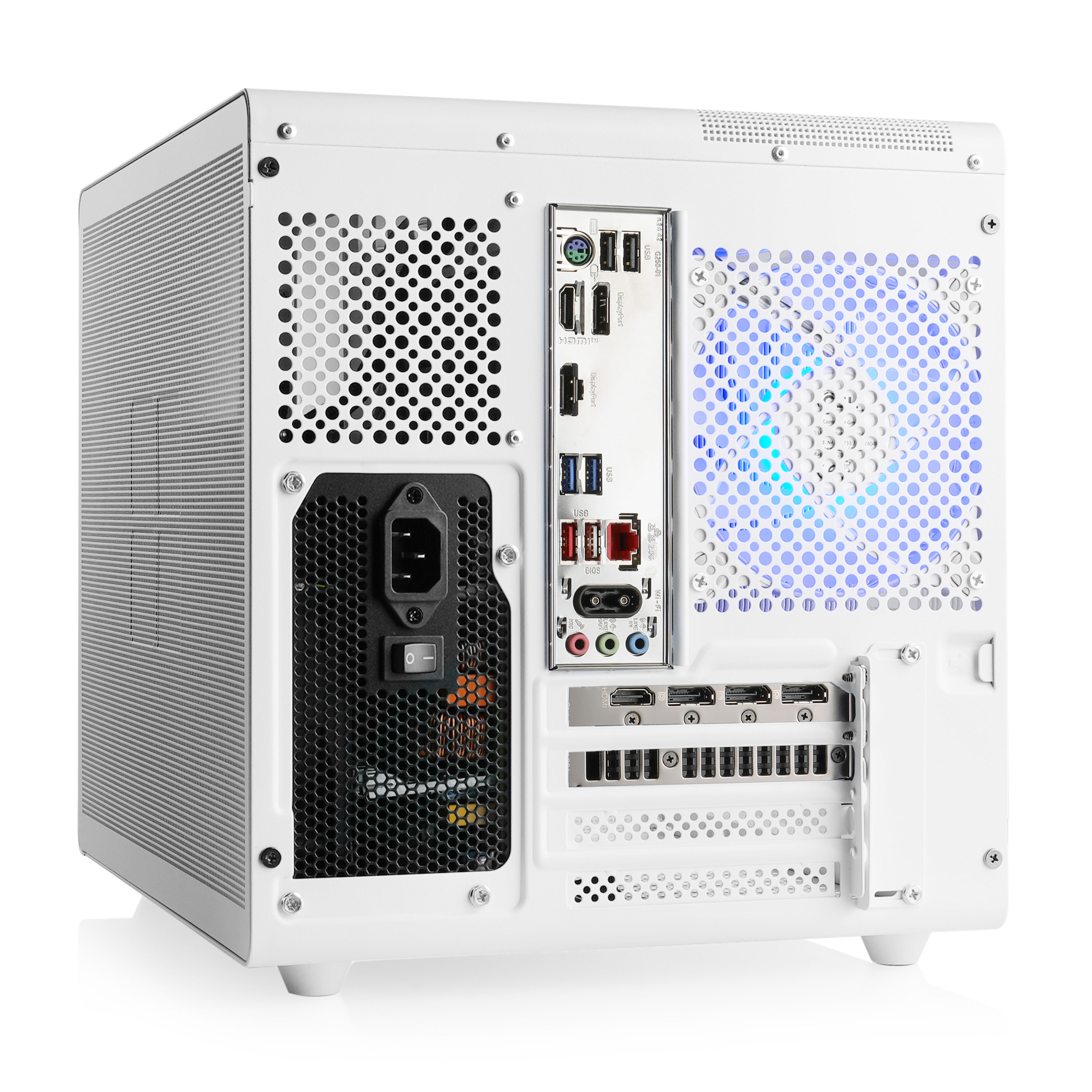 Retro del case del computer bianco. Contiene porte, ventola e alimentatore. Luci blu visibili all'interno.