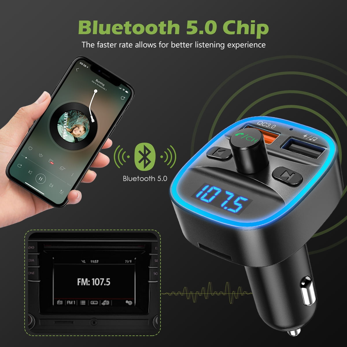Schwarzes Bluetooth-Gerät für Autos, zeigt Musik-App auf einem Telefon. Hat blaues Licht. Dunkler Hintergrund.