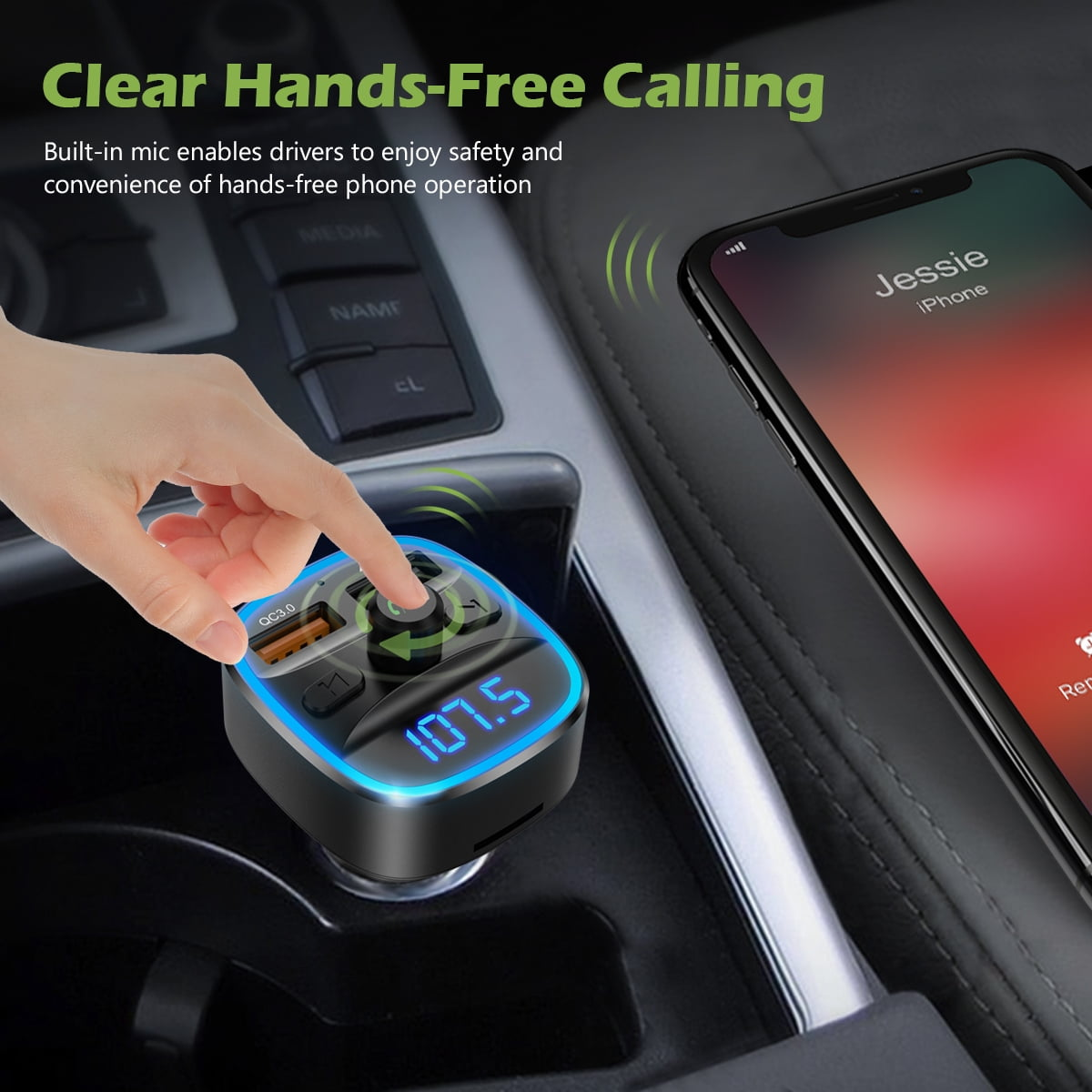 Eine Freisprecheinrichtung für das Auto, ein Smartphone und eine interagierende Hand. Das Telefon telefoniert.
