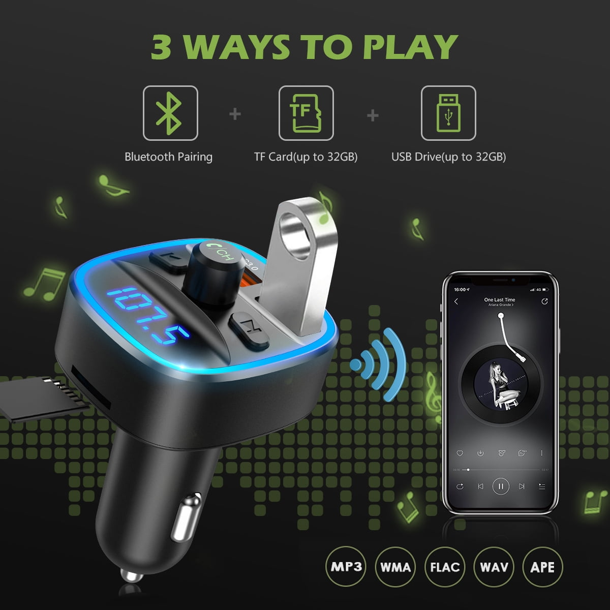 Auto-Audiogerät: Bluetooth, USB, TF-Karte. Telefon mit Musiknoten. Schwarzes und blaues Design.