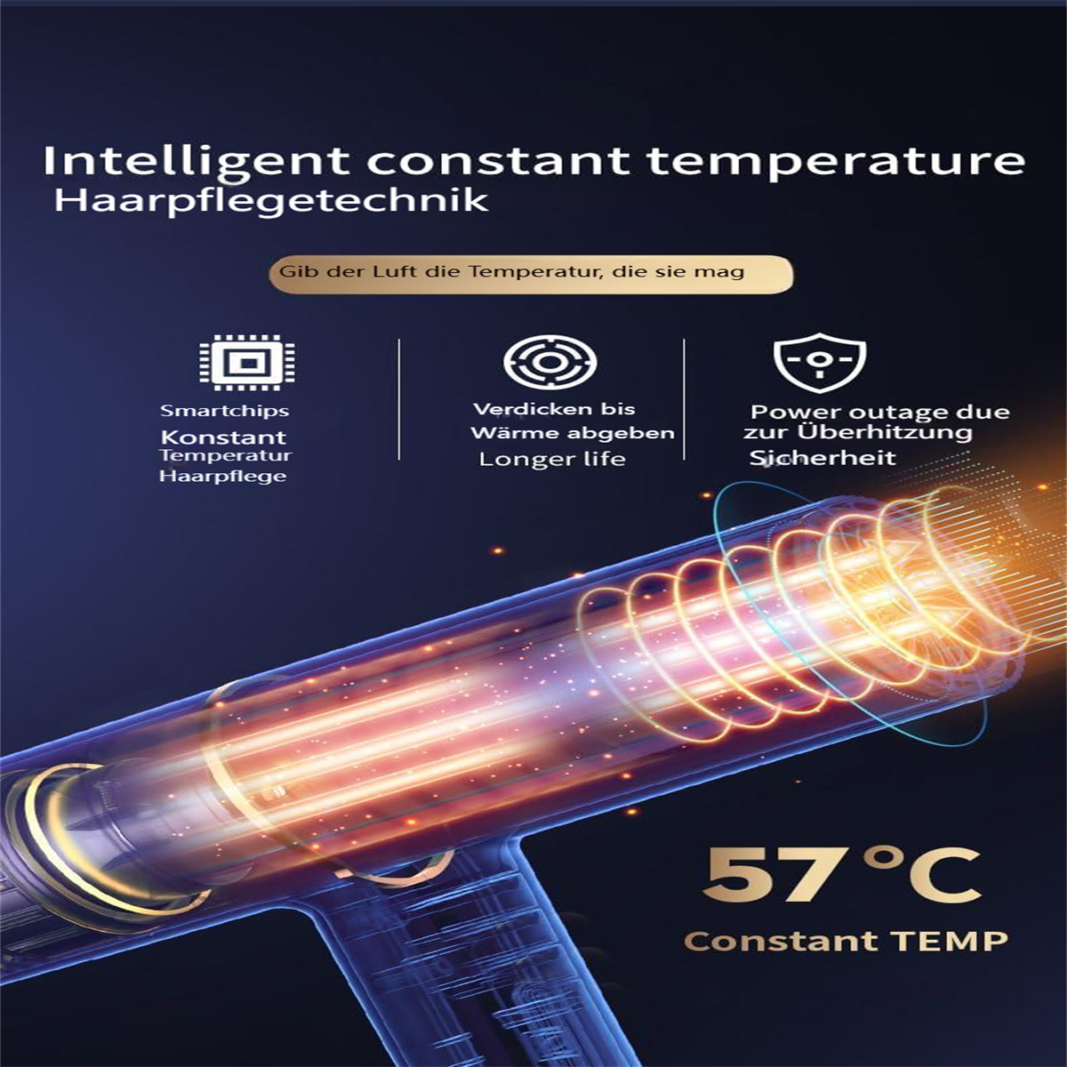 Nahaufnahme eines Haartrockners mit Textdetails, einschließlich '57°C' und 'Constant TEMP' vor weißem Hintergrund.