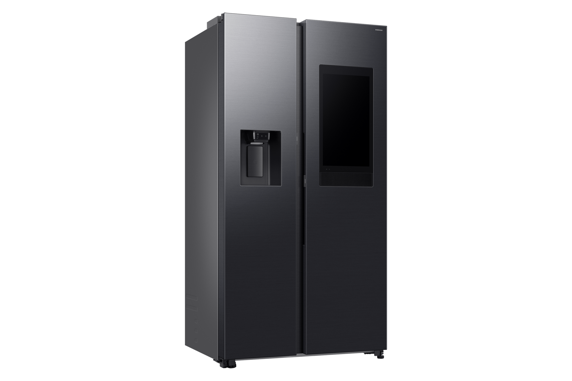 Schwarzer Side-by-Side-Kühlschrank mit Wasserspender und Touchscreen an der Tür.