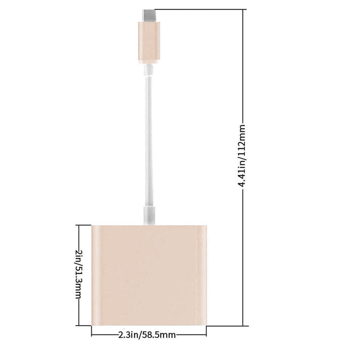 Adapter mit Abmessungen: 4.41 Zoll/112 mm hoch, 2 Zoll/51,3 mm breit, 2.3 Zoll/58,5 mm lang.