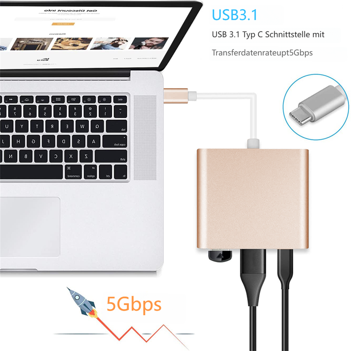 Laptop mit einem goldenen USB-Hub verbunden. USB-Kabel und zusätzliche Anschlüsse sichtbar.