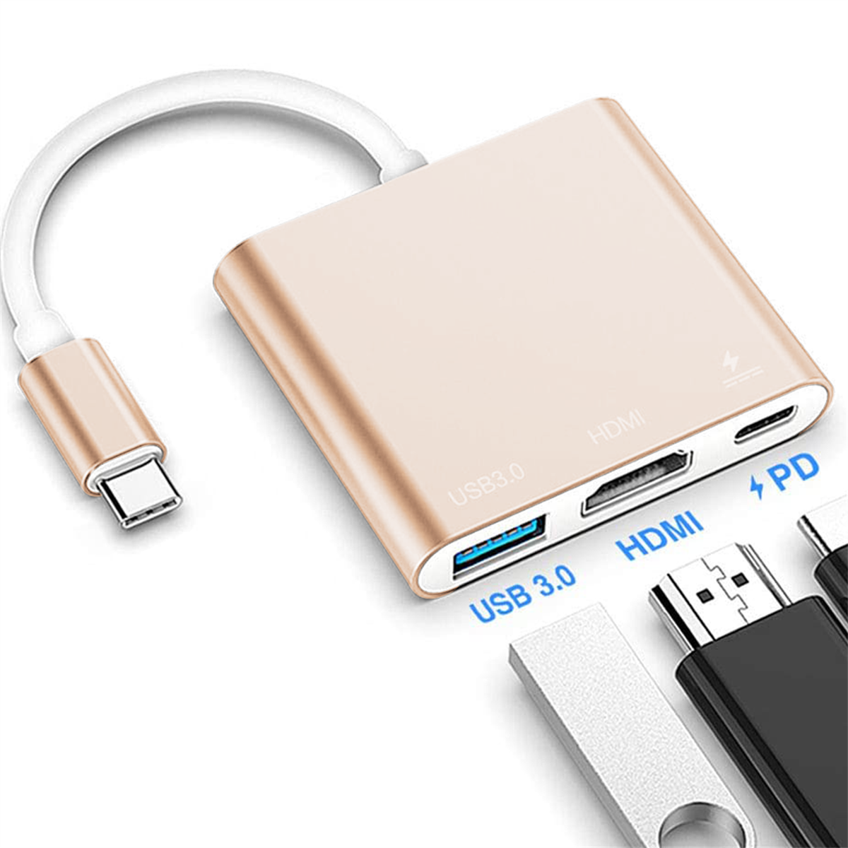 Ein goldener USB-C-Adapter mit USB 3.0-, HDMI- und PD-Anschlüssen. USB-Sticks befinden sich darunter.