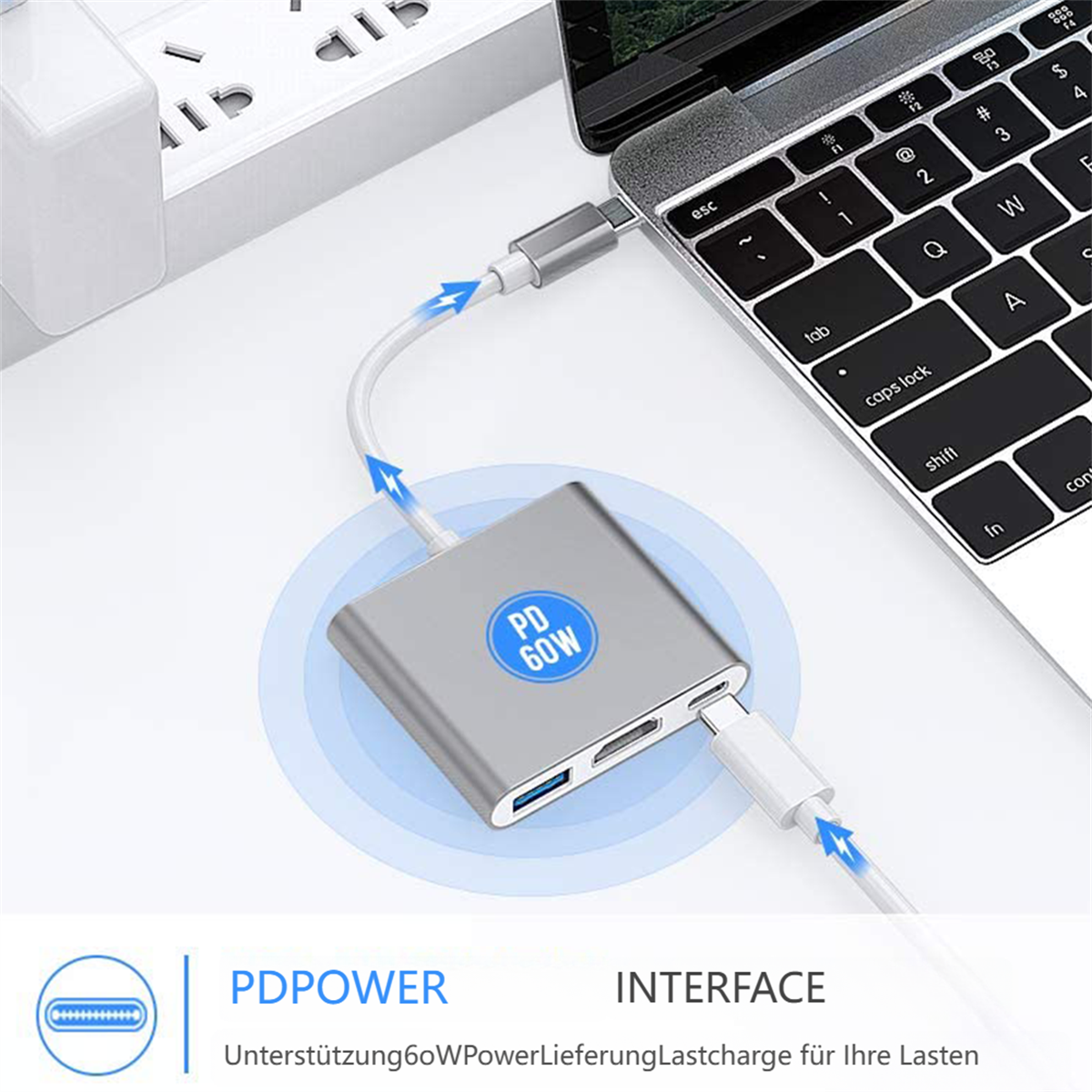 Ein silberner Hub mit Anschlüssen ist mit einem Laptop und einem weißen Kabel verbunden. Text: 'PD 60W'.