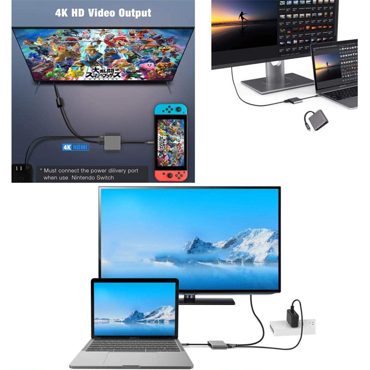 Mehrere Bildschirme, die verschiedene Geräte und Verbindungen zeigen. HDMI-Kabel sind sichtbar.